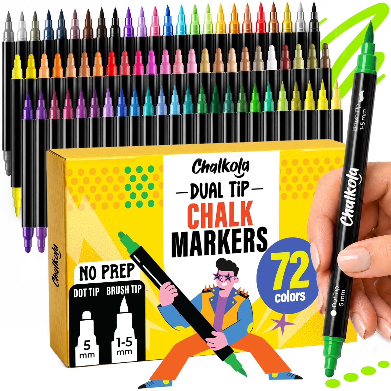 Chalkola 72 Liquid Chalk Markers Dual Tip Dot & Brush - Erasable Chalk Pens