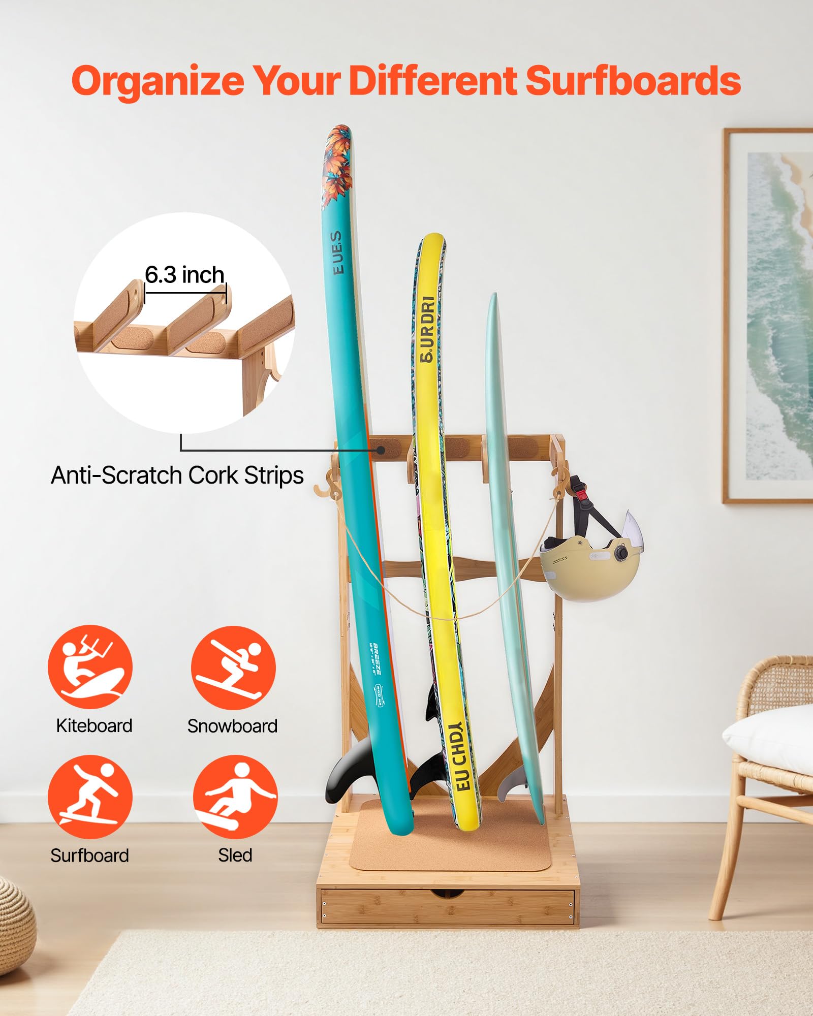 VEVOR Soporte Vertical para Tablas de Surf, Estante de Madera de 3 Niveles con Ganchos y Cajones