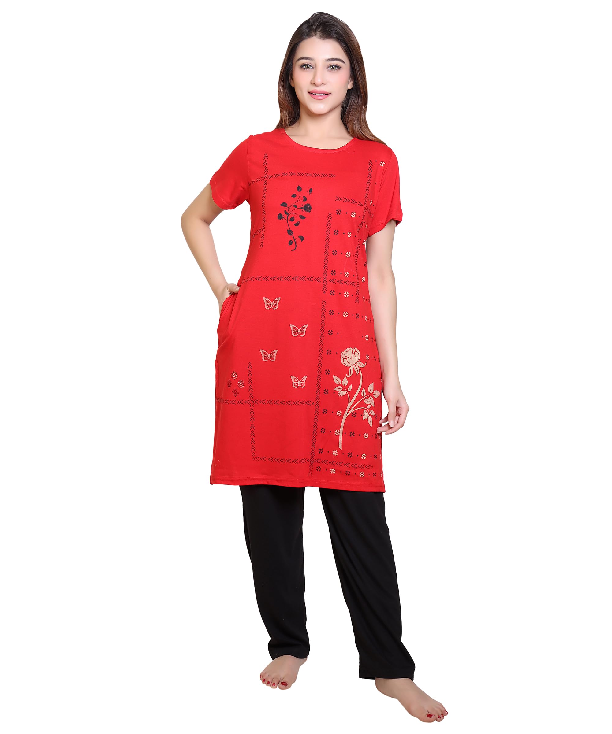 grand line Women's Cotton Printed Half Sleeves Kurta and Pyjama Night Suit Set (P_GL_NS_7)-picture-11