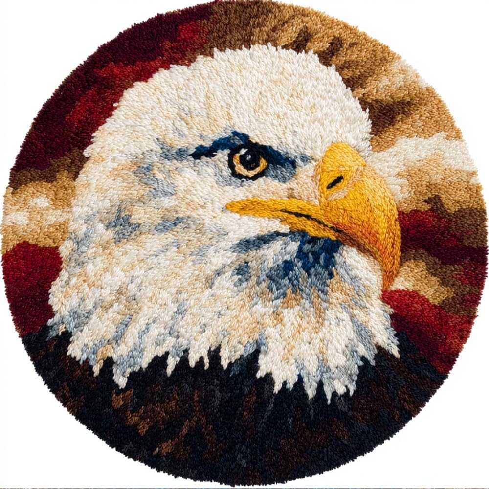 kitphoenix Round Shape Latch Hook Kits Rug Eagle DIY Cushion Rug Carpet Making Crochet Hook Kits Preprinted Pattern Canvas Cushion Yarn Hooking Kits Mat Kits 50X50Cm