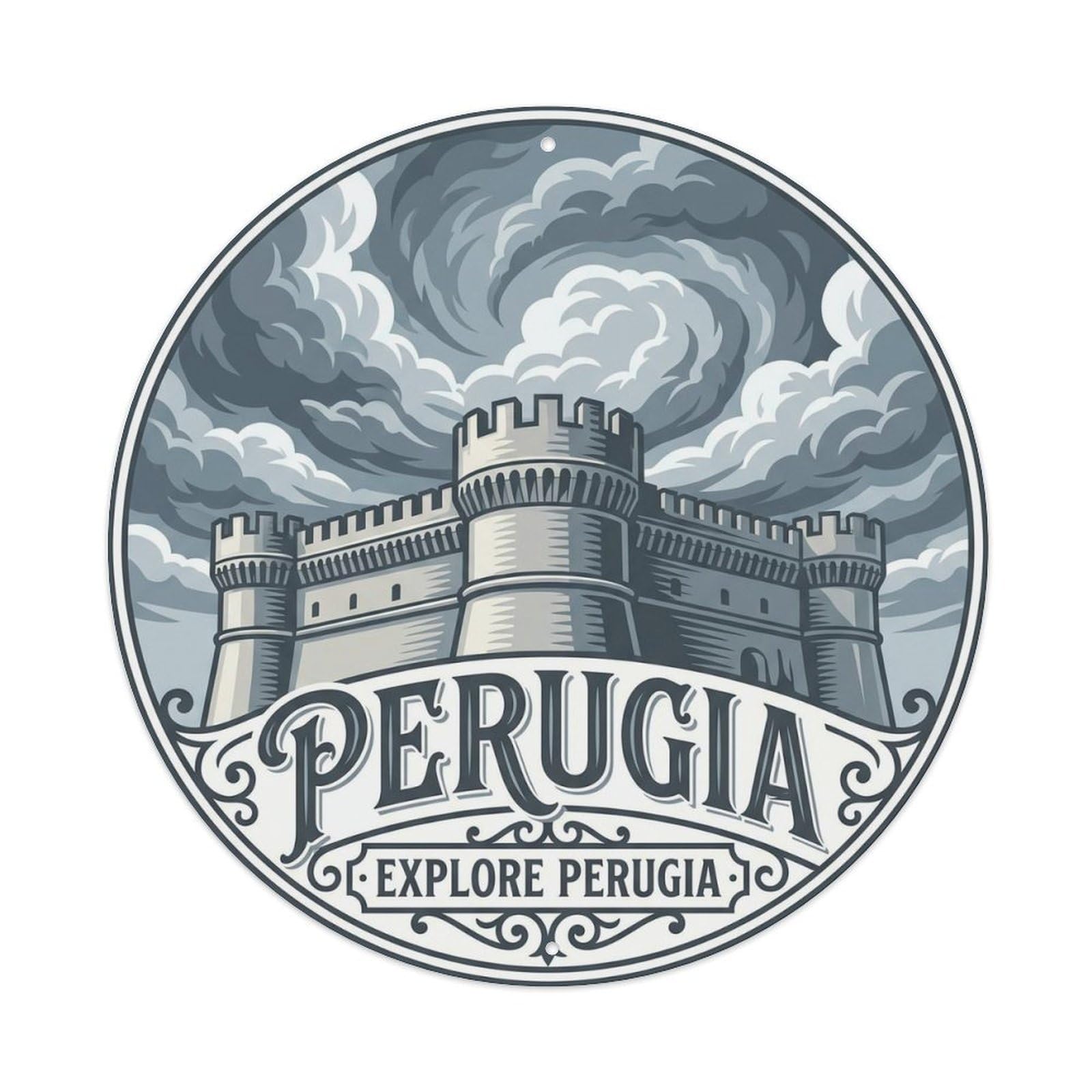Fortress Heritage Perugia City Classic Destination Scenic Metal Tin Sign Plaque Wall Decor for Cafe, Man Cave, Club Bar, Office, Home Garden Round Metal Poster 8x8Inch