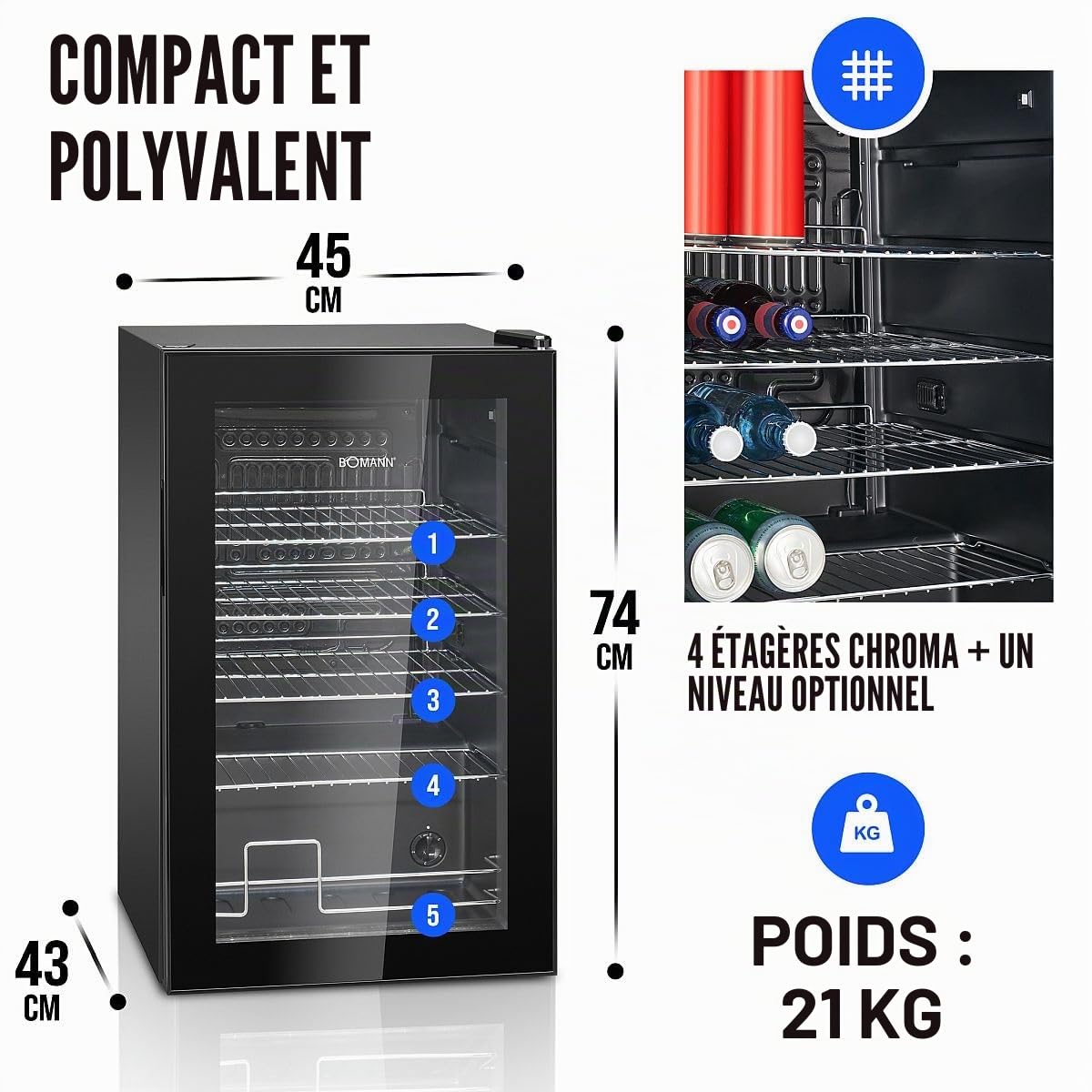 Bomann Réfrigérateur à Boissons 63 L KSG 7287, Éclairage LED, Noir | éclairage LED, contrôle température +3 à +10 °C, 4 étagères chromées, porte double vitrage, pieds réglables