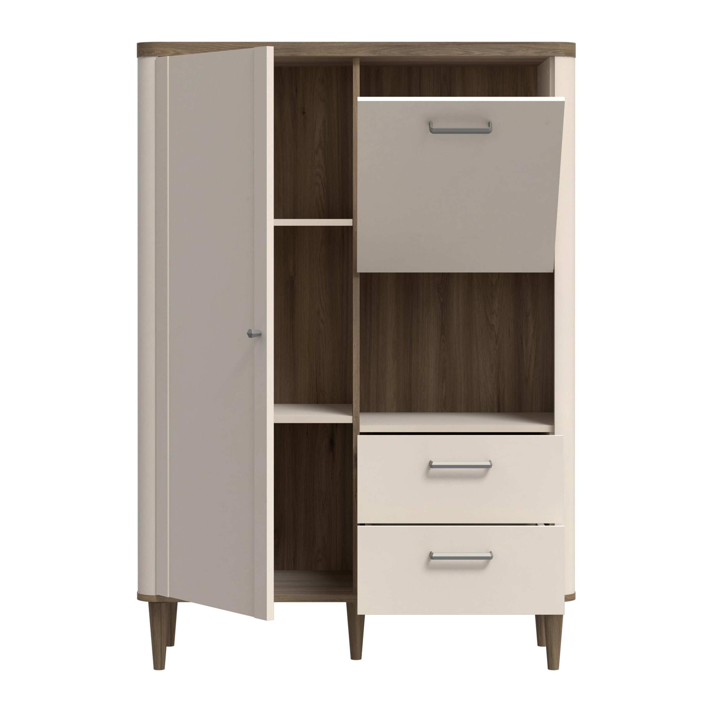 Forte LACETTI Schrank 100, modernes Highboard mit abgerundeten Ecken, Tür, Kippfach und 2 Schubladen, Kaschmir | Beige mit Valencia Eiche Holzdekor, 100,1 cm breit x 142,9 cm hoch x 41,2 cm tief