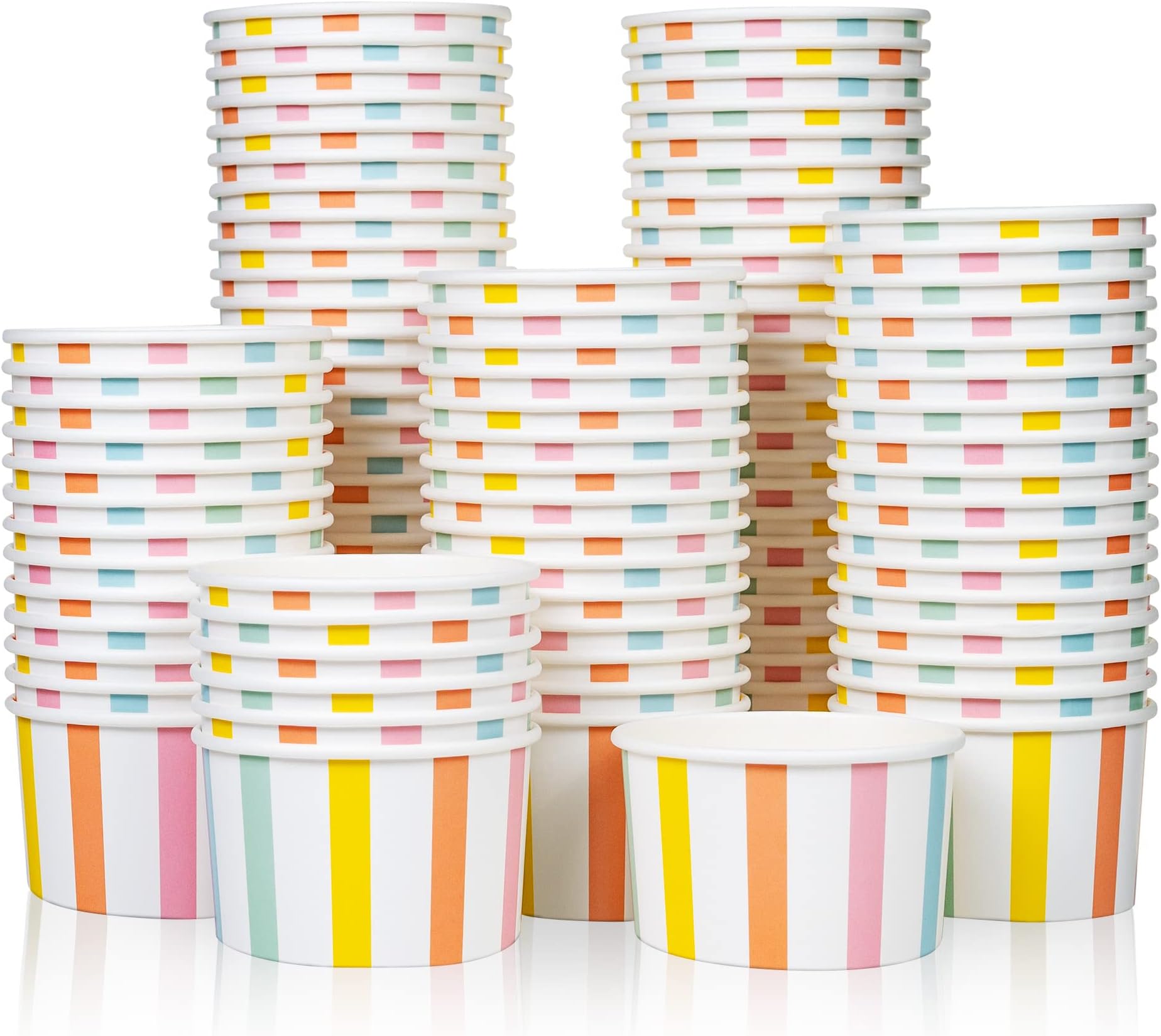 Paper Ice Cream Cups, 100-Count 5.5-Oz Disposable Dessert, Snack Bowls for Hot or Cold Food, 5.5-Ounce Party Supplies Treat Cups for Sundae, Frozen Yogurt, Soup, Pastel Stripes