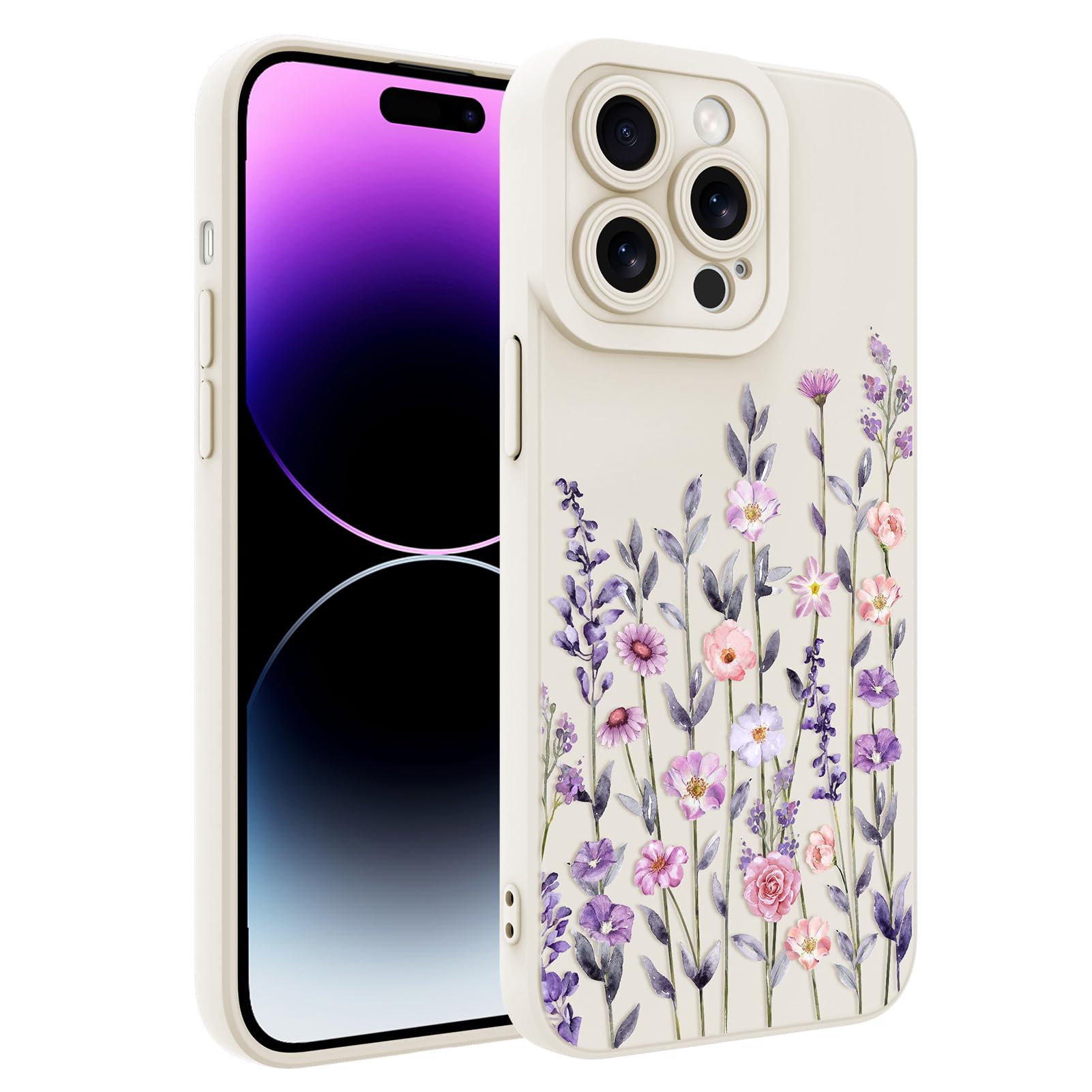 Designed for iPhone 14 Pro Case, Cute Flower Floral Pattern Design, Slim Soft TPU Liquid Silicone Protective Cover for Women Girls - White