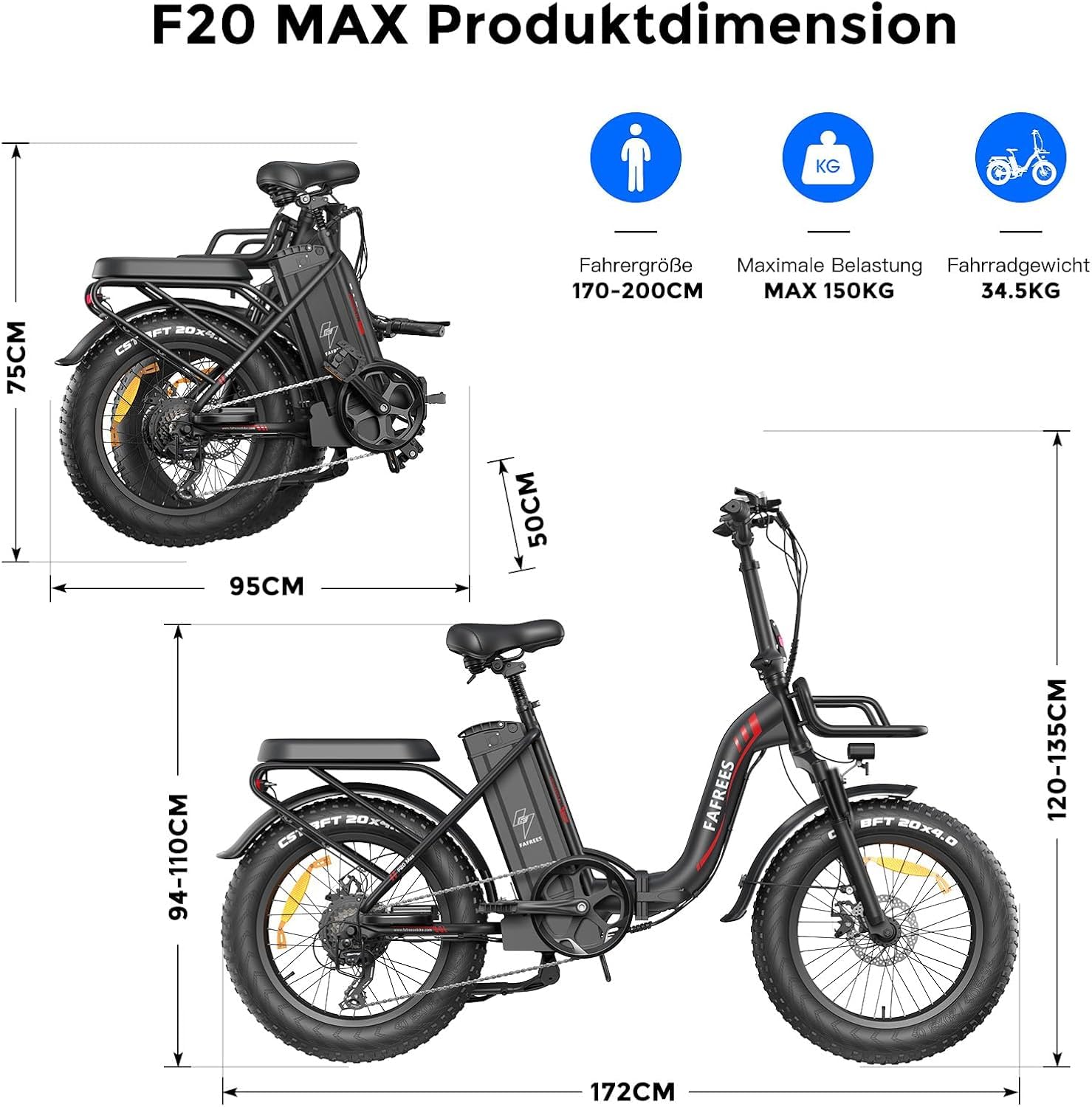 Fafrees F20 MAX [ Offiziell ] E-Bike Herren 20 Zoll 48V 30AH Akku Fatbike Ebike Klapprad, E Bike Damen Elektrobike Mountainbike Bremslicht 54N.m, Elektrofahrrad 150kg