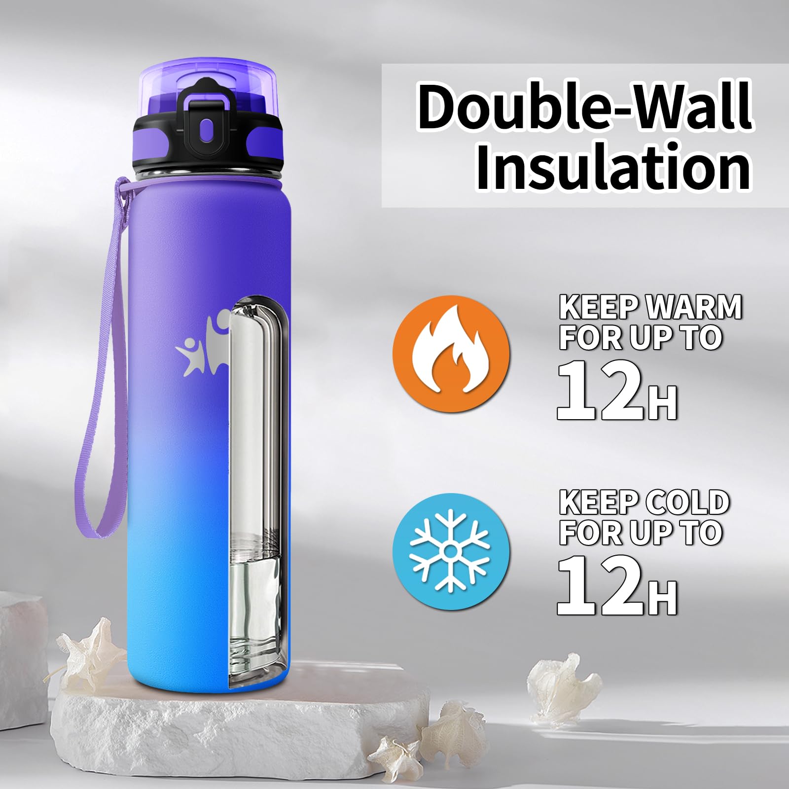 KollyKolla Borraccia Termica 1 Litro, a Prova di Perdite, Borracce Termiche con Cannuccia, Riutilizzabile, Bottiglia Acqua Termos senza BPA, Borraccia per Bambini, Adulto, Campeggio, Ciclismo