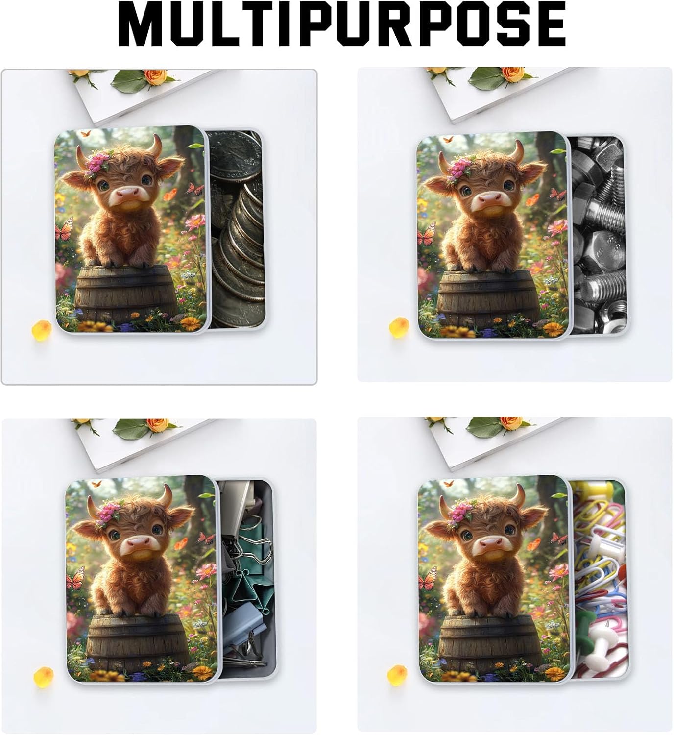 Metal Tin Box with Lid for Game Cards Home Organizer Candles Keys Crafts Storage - Comes with 4 Magnetic Cord Clips，Cute Highland Calf Floral
