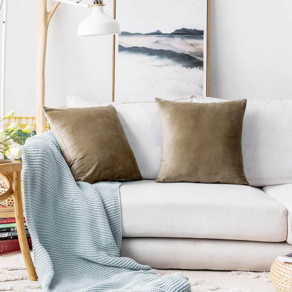 MUDILY One Piece Velvet Soft Decorative Square Throw Pillow Covers Cushion Case Decor Handmade Pillowcases for Chair Bedroom Sofa Car, Grey Gold 24 x 24 Inch 60 x 60 cm