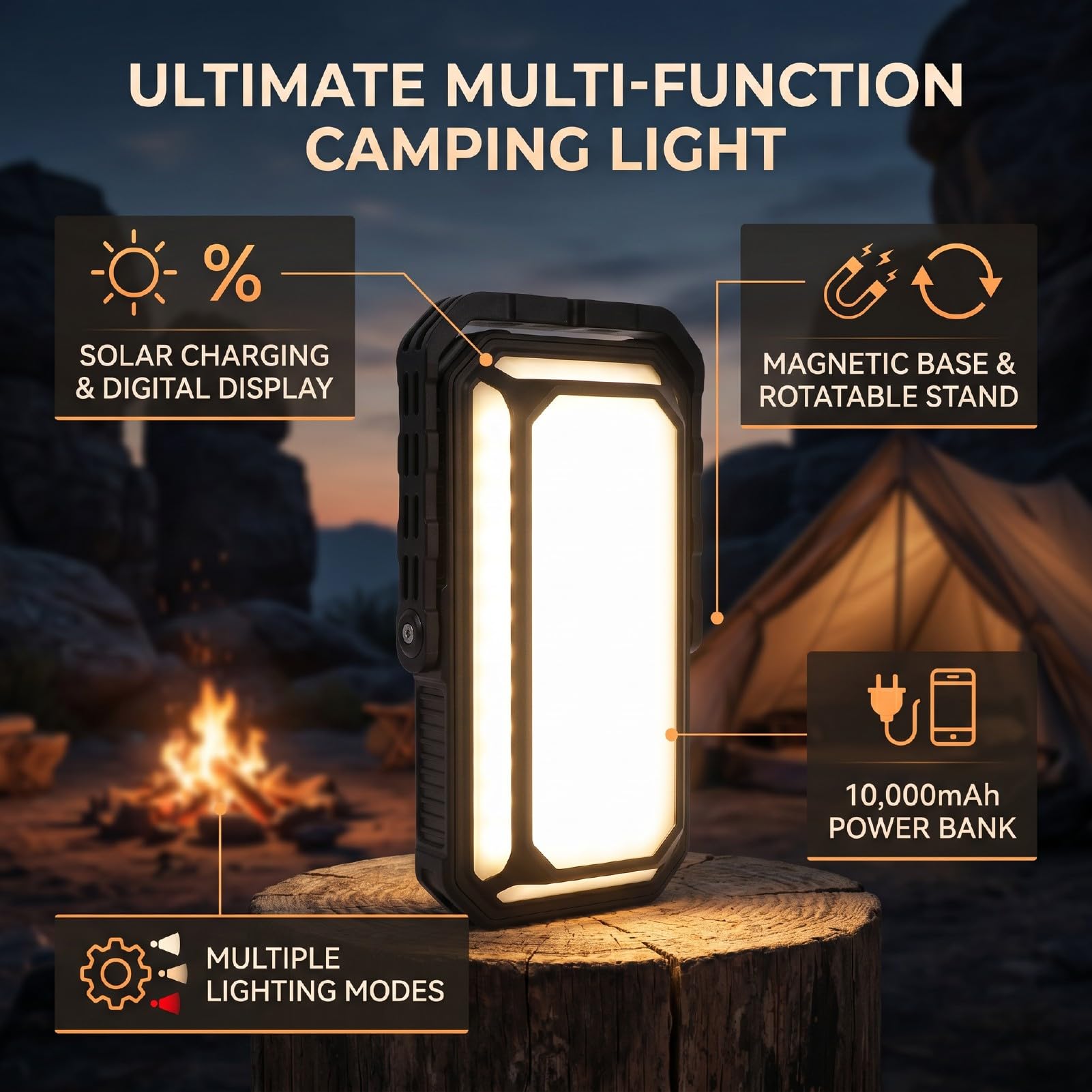 Hyuduo Lanterna da Campeggio, Base Magnetica con Display Batteria da | Silicone PC ABS, 10000mAh, Lanterna da campeggio a LED, Base magnetica per display con batteria a ricarica solare,