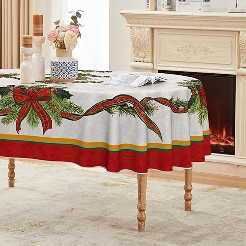 Miniatura 7 de Horaldaily Mantel de Navidad de 60 x 120 pulgadas, con cinta dorada de flor de pascua, lavable, para decoración de fiestas, pícnic, cenas