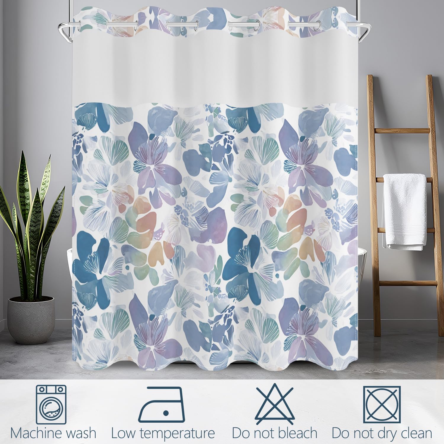 Boho Floral No Hook Shower Curtain with Snap in Liner Set 71x74in | Pastel Blue Purple Abstract Watercolor Flower Decorative Shower Curtain for College Dorm Hotel Apartment Bathroom Bathtub