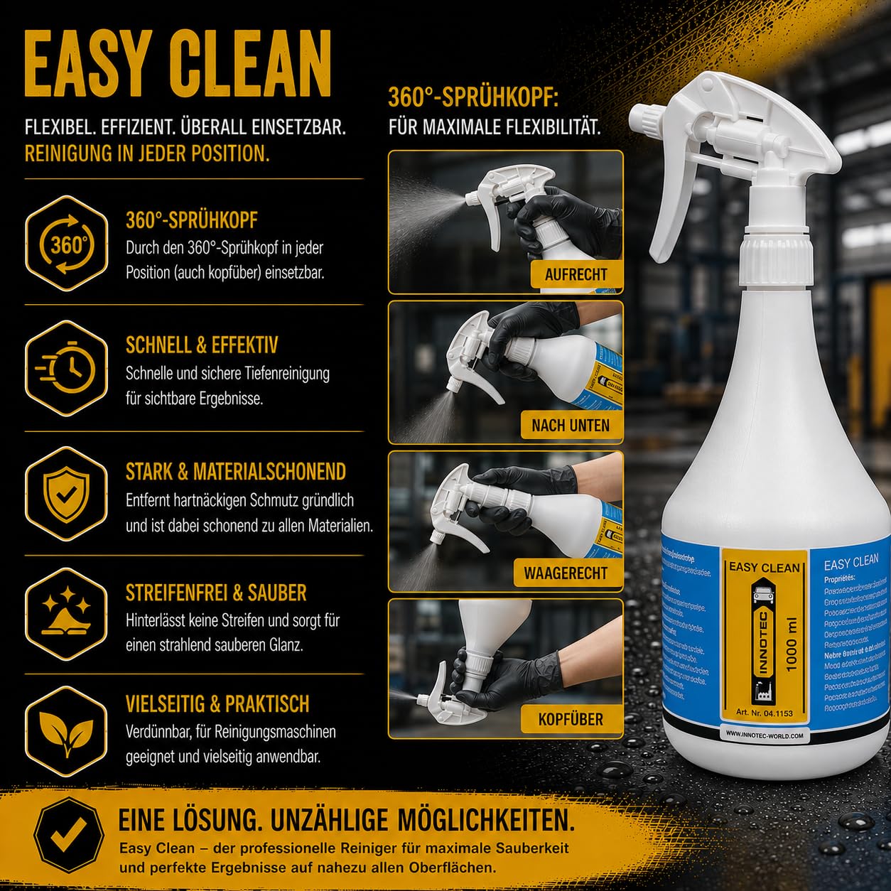 2 Stück Innotec Easy Clean Reinigungsmittel - Flüssiger Universalreiniger - entfernt Nikotin, Fett, Schmutz, Streusalz, Silikon, Ruß, Schmutz, Nikotin und Insektenreste - 2x 1000 ml Sprühflasche