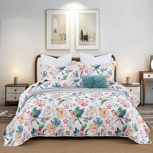DAUAOTO Juego de edredón de algodón tamaño Queen, colcha reversible (patrón de pájaro y floral)