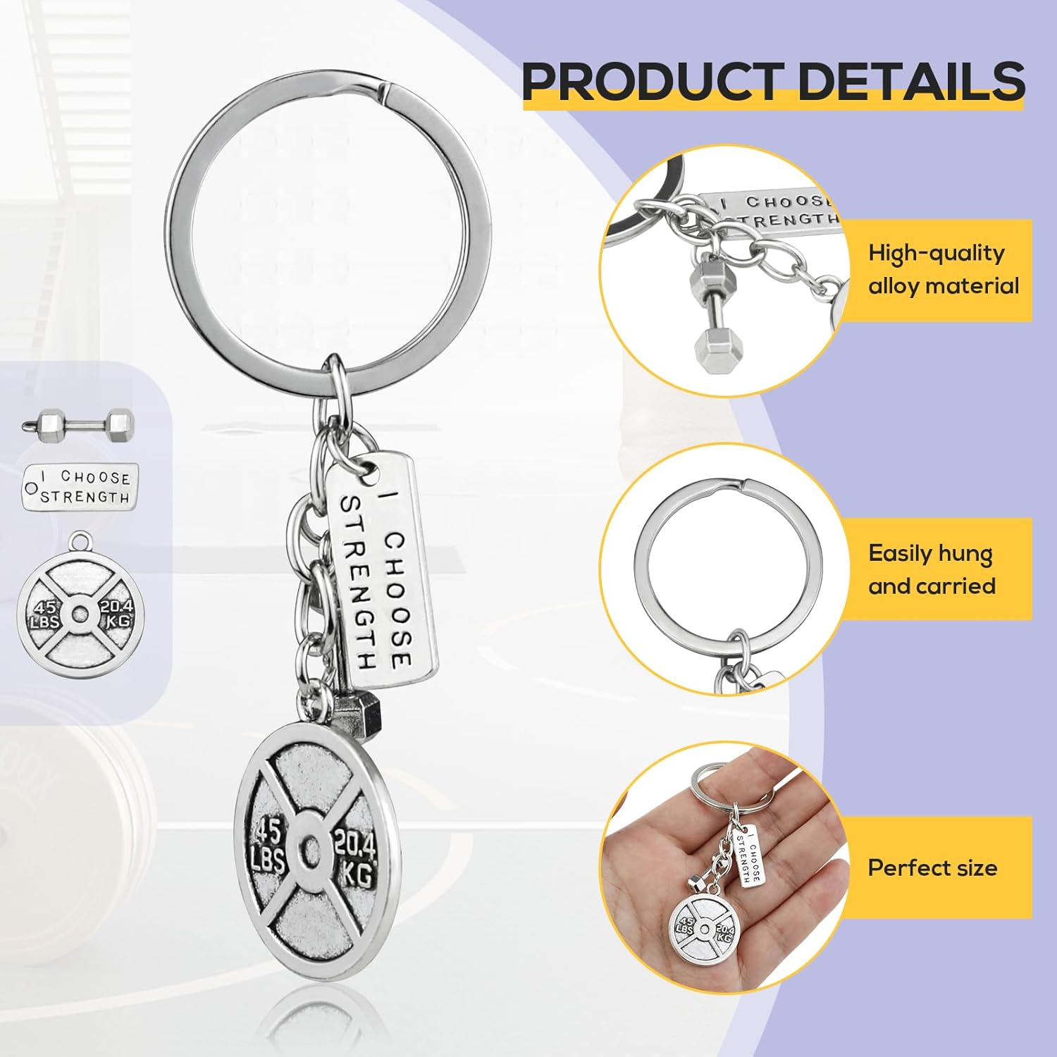 20PCS Dumbbell Keychains, Weightlifting Gym Charms Motivational Sports Keyrings 45 Pounds Weight Plate Keychains for Fitness Gifts - Image 4