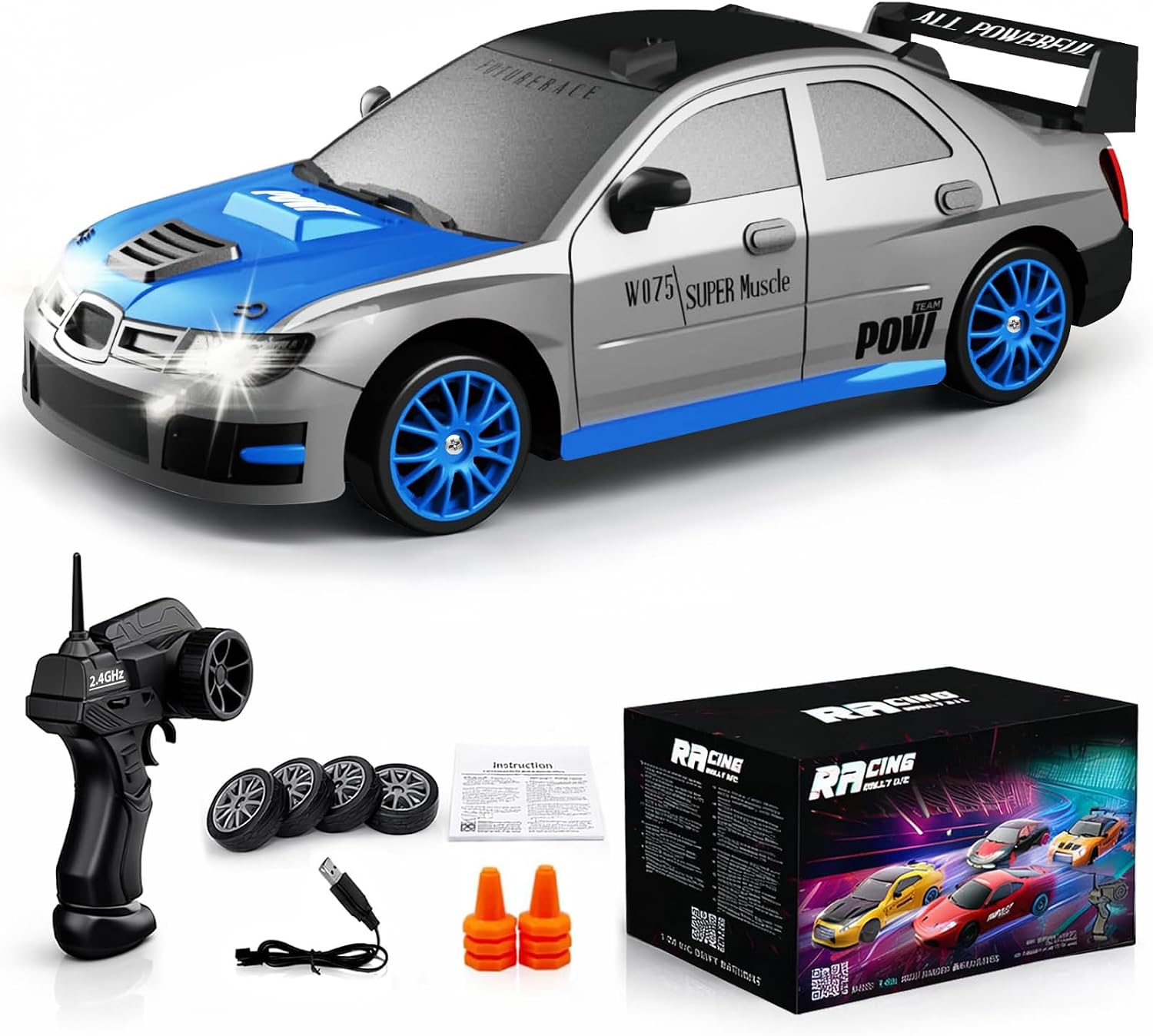 Remote Control Car RC Drift Car 2.4GHz 1:24 Scale 4WD 15KM/H High Speed Model Vehicle with LED Lights Drifting Tire Racing Sport Toy Car for Adults Boys Girls Kids Gift