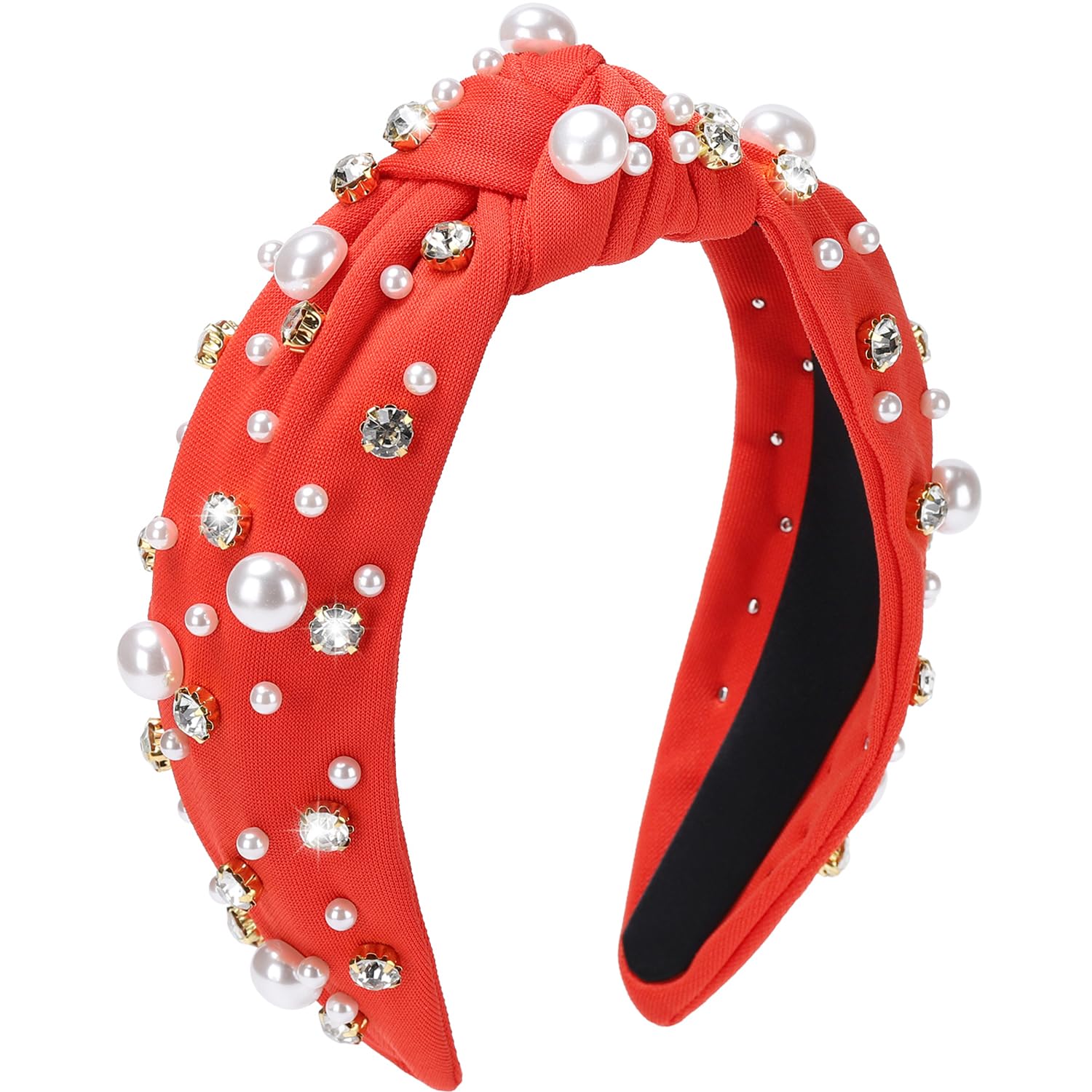 WantGor Pearl Knotted Headband, Women Rhinestone Embellished Hairband Elegant Wide Top Knot Bride Headbands Headpieces Party Fashion Elegant Ladies