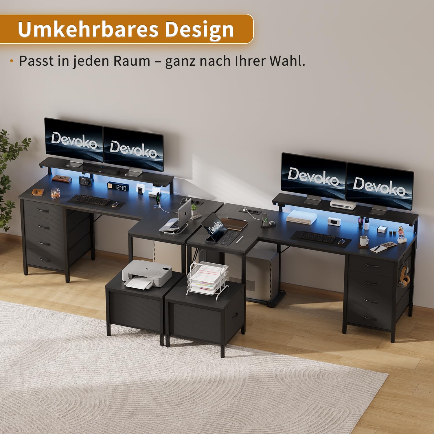 Devoko L-förm Schreibtisch mit 5 Stoff Schubladen,160x120cm Schwarz | Umkehrbarer Eckschreibtisch mit Großer Stauraum,Integrierte Steckdosen, Monitorständer & LED-Beleuchtung