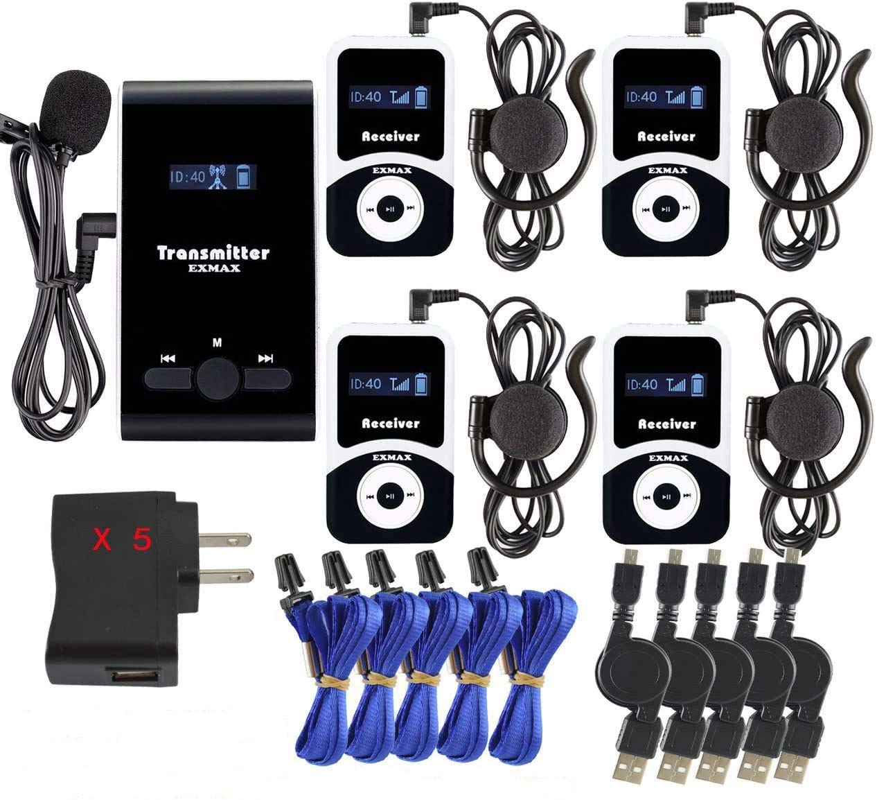 EXMAX EX-100 Audio Trans Wireless Tour Guide System Microphone Earphone for Church Translation Simultaneous Interpretaion Teaching Square Dance Manufactory Plant Tour (1 Transmitter 4 Receivers)
