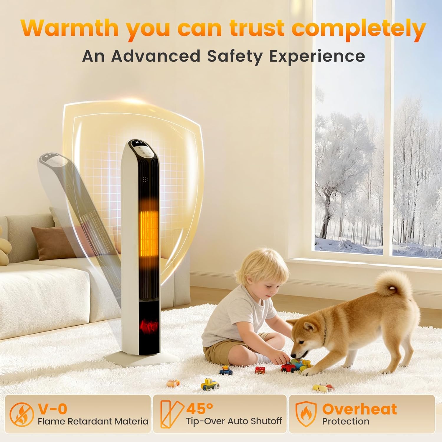 Auertech 33" Space Heaters for Indoor Use Large Room, 1500W PTC Electric Heater with 3D Flame, Fireplace Heater with Remote Control & 12H Timer, Portable Tower Heaters for Bedroom, Office, Beige