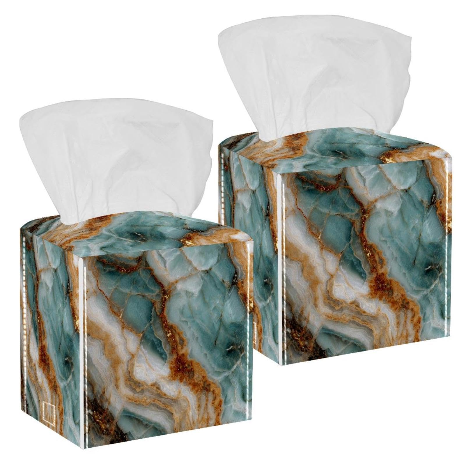 Marble Texture Tissue Box Cover, 2 Pack PU Leather Square Facial Tissue Dispenser Box holder for Home Office Car