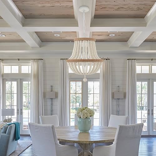 Miniatura 2 de VANZARLA Lámpara de araña bohemia de 3 luces para casa de campo, lámpara colgante bohemia con detalles de cuentas de madera, lámpara colgante
