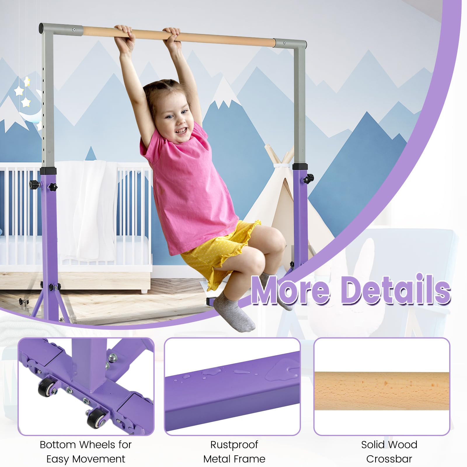 Barra Orizzontale Per Bambini KOMFOTTEU Con Altezza Regolabile (94-150 Cm, 13 Livelli) - Struttura In Metallo E Legno, Carico Max 100 Kg, Con Tappetino Protezione