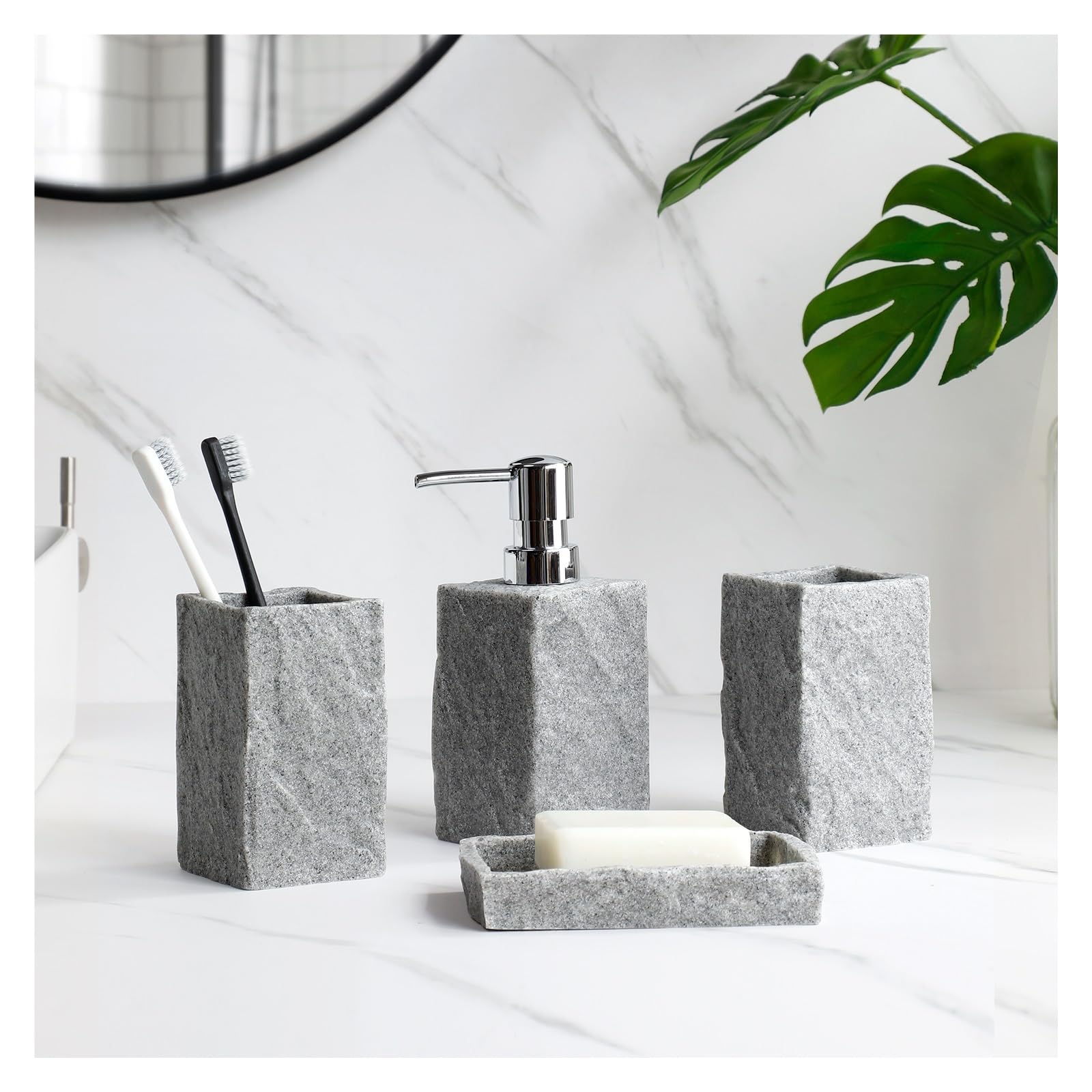 Set Dispensador Jabon Baño Juego de 4 Accesorios de baño, dispensador de jabón líquido, Soporte for Cepillo de Dientes, Vaso for Enjuague bucal, jabonera, Apariencia de Granito de imitación