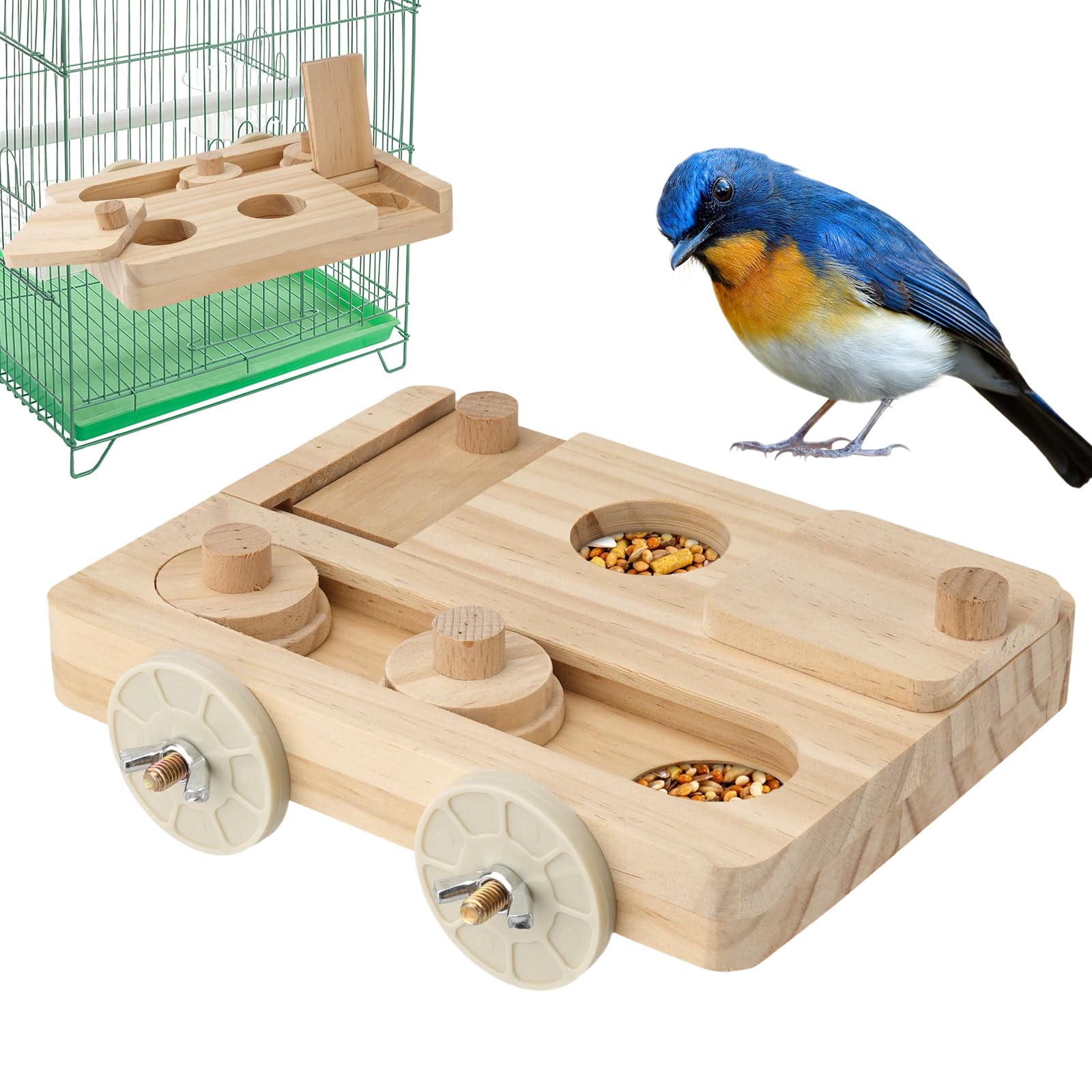 Wooden Bird Foraging Puzzle Toys for Small Parrots, Foraging Toys for Birds, Interactive Mental Enrichment and Seed Feeder Toy for Budgies, Parrotlets, Cage Foraging Training Toy (7.2" x 5.4" x 1.3")