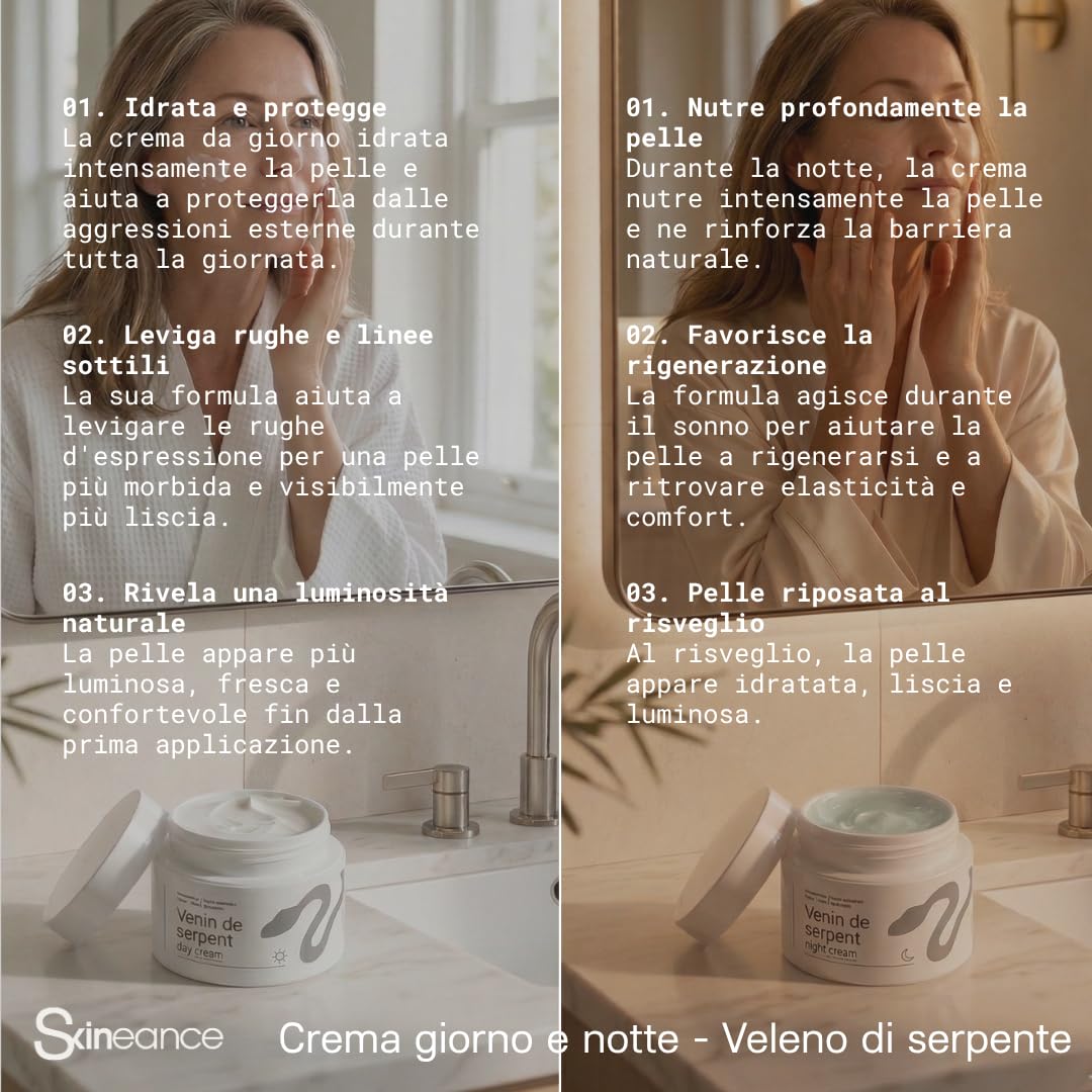 SKINEANCE – Il veleno di serpente DUO giorno e notte - Attivi anti-età - Riduce le rughe d'espressione, le linee sottili, le borse e le occhiaie - 2 x 50ML…