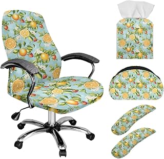 Xoenoiee Lemon Floral Strawberry Office Chair Cover Stretchable Computer Chair Slipovers with Armrest Covers + Tissue Box Holder + 5-Compartment Remote Control Holder, Small