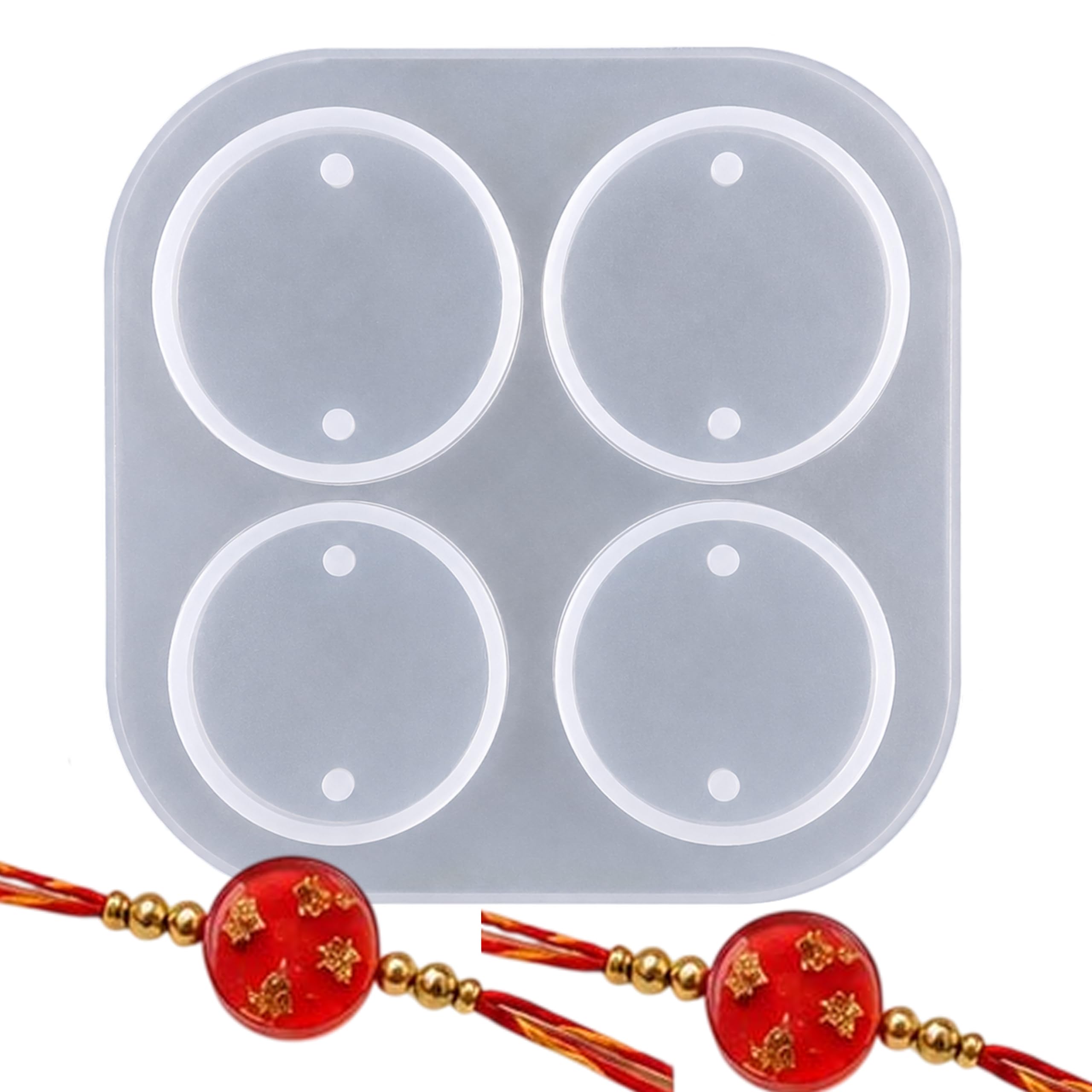 Round Rakhi Pendant Silicone Mould | 4 Cavity Circle Rakhi Base Resin Mold with Thread Holes | DIY Raksha Bandhan Rakhi Making for Epoxy Resin, UV Resin, Clay, Jesmonite, Cement & Craft Projects-image-4