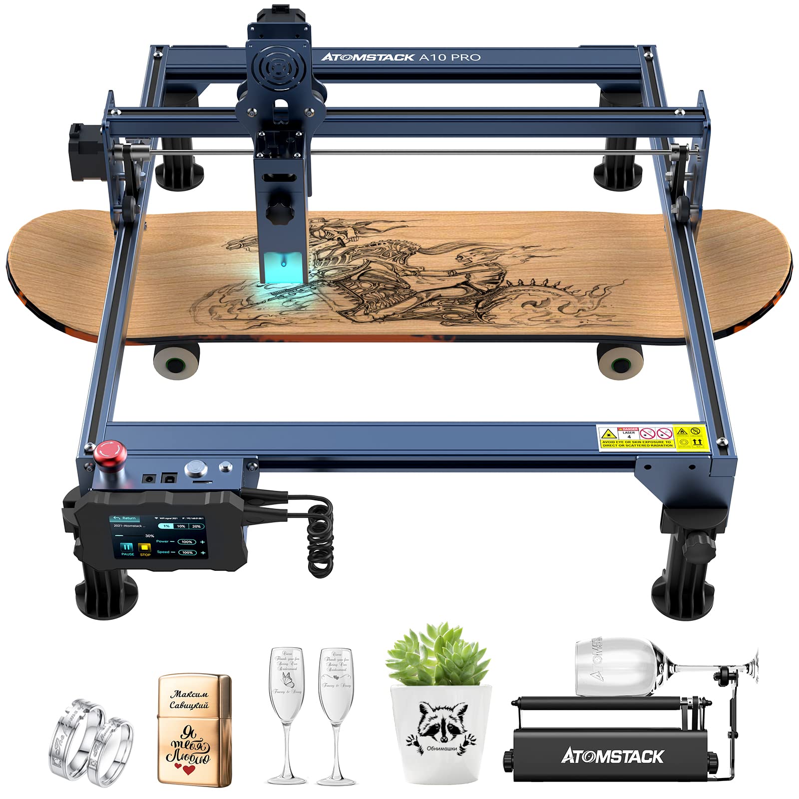 ATOMSTACK A10 PRO 10W Macchina per incisione laser taglio laser, taglio laser CNC, 50W, messa a fuoco laser 0,08 mm Con incisione del cilindro di supporto del rullo R3 Pro Rotray