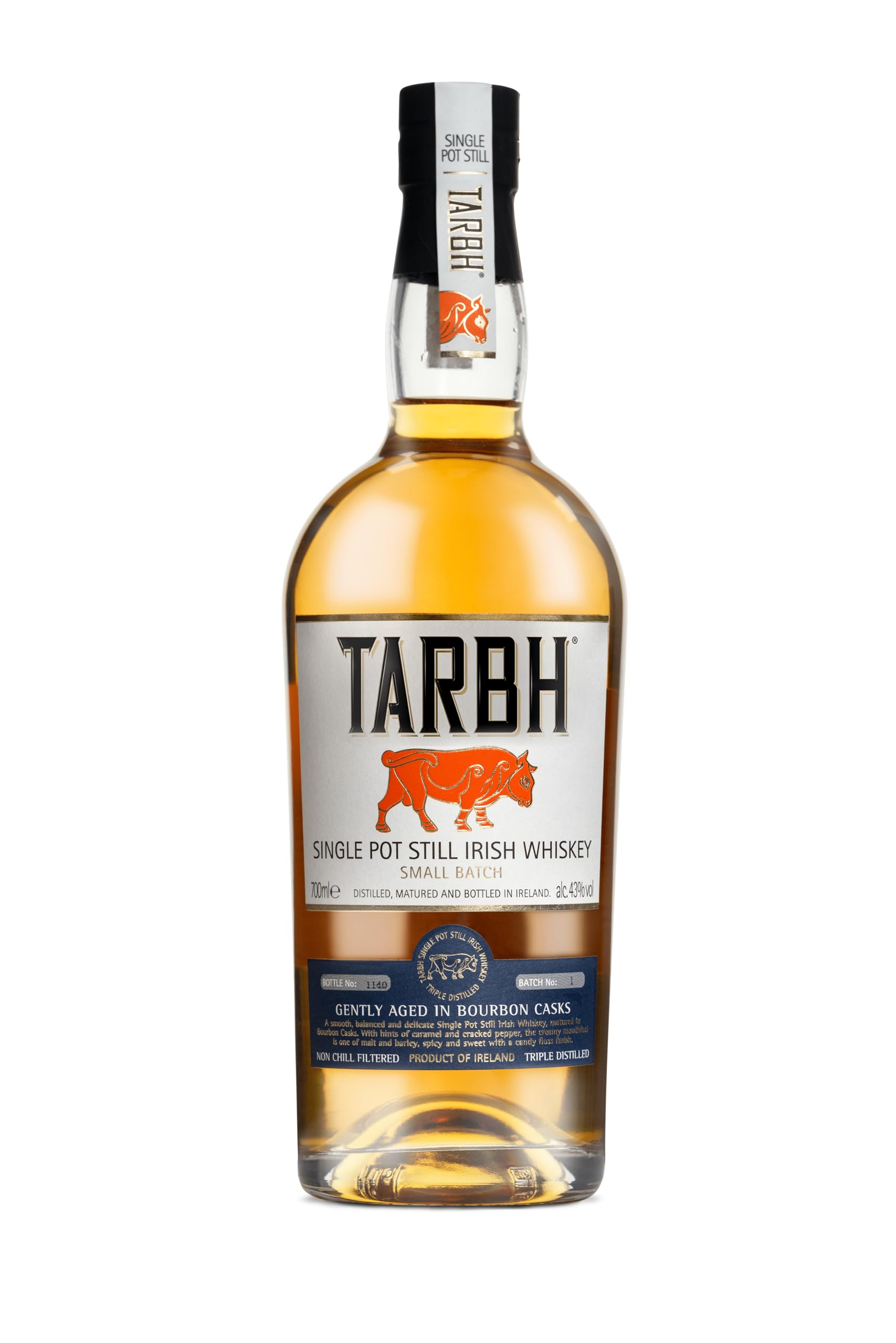 Tarbh Single Pot Still Irish Whiskey 700ml I Triple Distilled Whiskey I Würzig, süßer Irischer Whiskey im Bourbon-Fass gereift I 43%