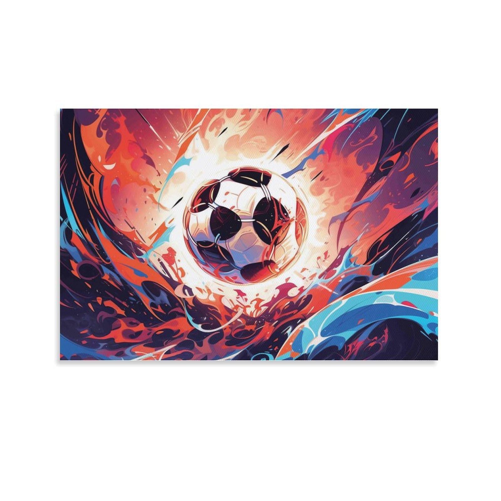 CPLVKWRQJ SoccerBallEnergy Single Piece Fiery Swirl Ink Art Surrounding Football Canvas Wall Hanging - Nursery Space Saving Removable Ready to Hang Decor 08x12inch(20x30cm)