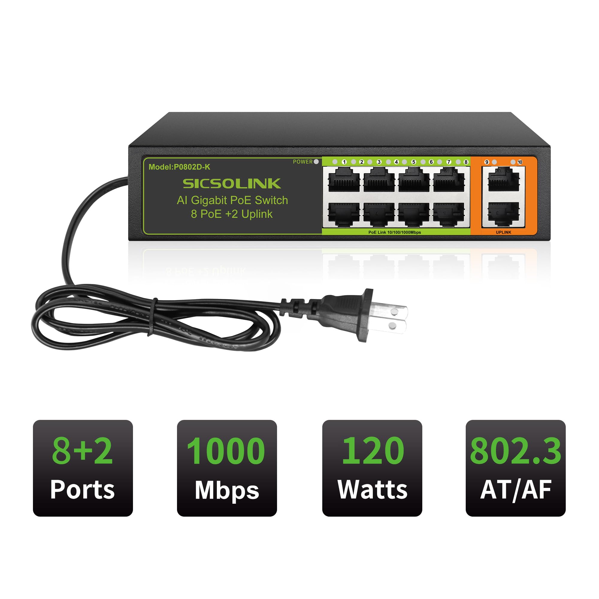 Switch PoE+ Gigabit a 10 porte, 8 PoE+, 2 Uplink, 120 W non