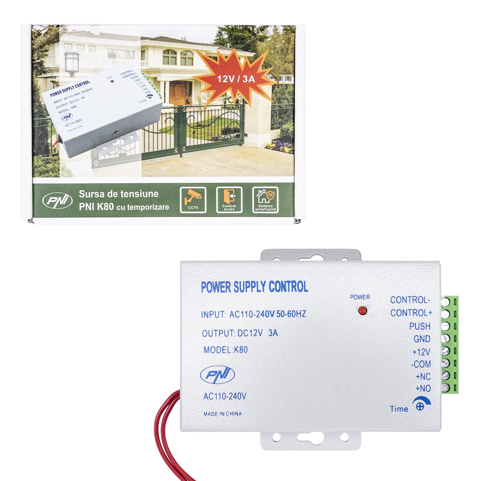 PNI K80 Netzteil 12V 3A – 110-260V AC, Zeitgesteuert 0-15s, Für Türzugangskontrolle, Überwachung, Schließsysteme