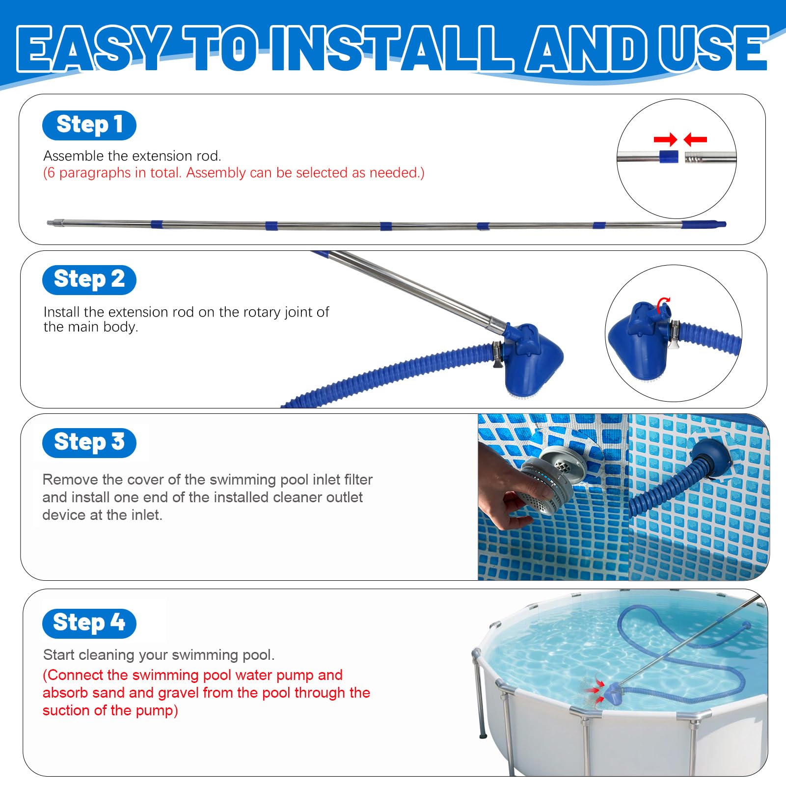 Pool Staubsauger, Pool Zubehör Poolsauger mit Teleskopstange, Pool Sauger mit Schlauch und Pools Einlaufdüse, Poolsauger Bodensauger mit Starker Saugleistung,Poolreiniger für Spas,Whirlpools,Pools (A)