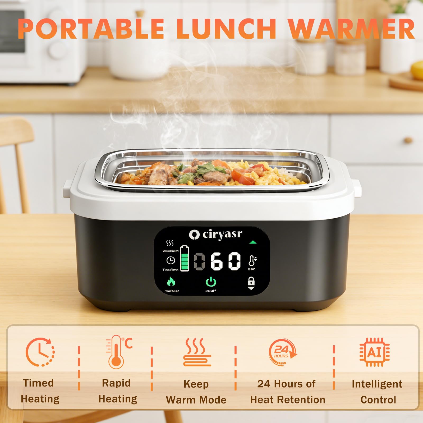 CIRYASR Scaldavivande Elettrico Portatile a Batteria 20000mAh, 100W Ricaricabile Lunch Box con Contenitore Interno da 1,35L in Acciaio Inox e Posate, Scaldavivande Senza Fili per Ufficio Auto Viaggi