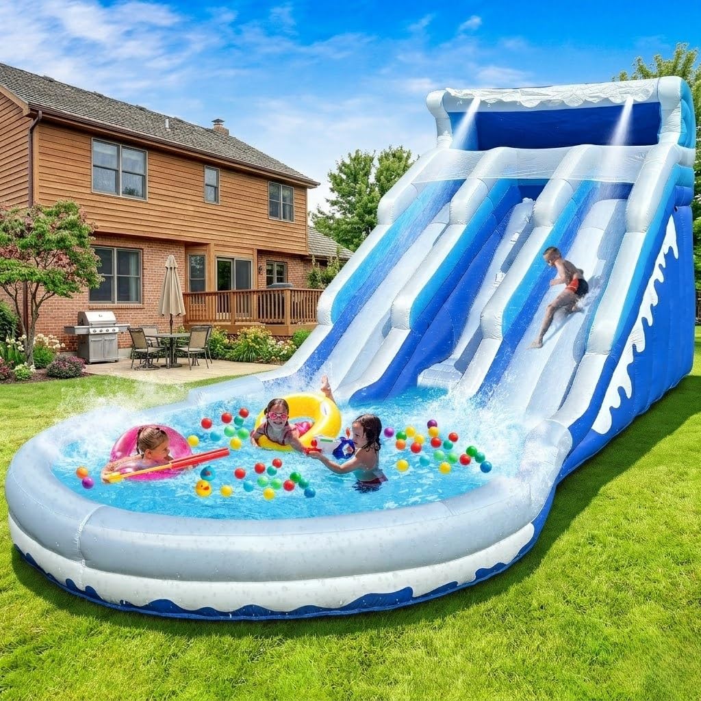 Photo 1 of Cessbong Inflatable Water Slide for Kids and Adults with Better Drainage and Durability - Fun Outdoor Play with Easy Setup, Kids Summer Splash Fun (Dual Slide Blue Waves)
