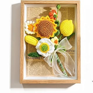 Handmade Knitted Flower Shadow Box Frame, 12x10 Inch Decorative Crochet Floral Wall Art, Sunflower and Daisies, Rustic Wood Frame Home Decor