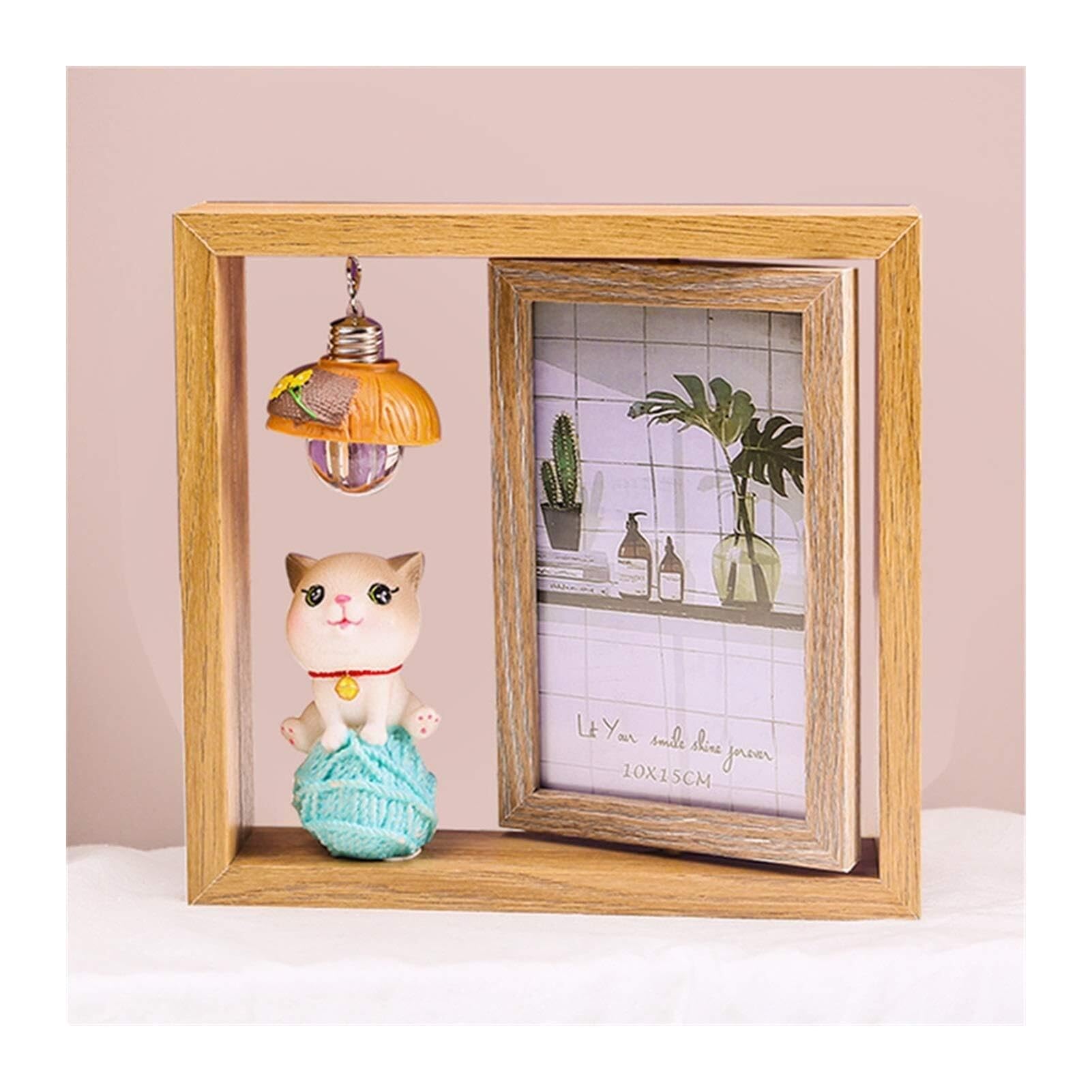 Photo Frames 6 Inches Wooden Photo Frame, Double-sided Rotating With Light 3D Cartoon Pattern Creative Decoration(G)