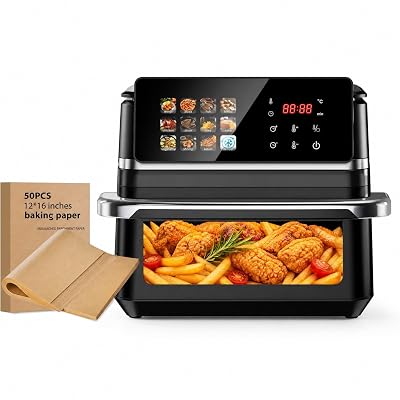 Freidora de Aire 12L XXL Horno Air Fryer con Ventana y Pantalla Táctil Digital 2000W, Freidora sin Aceite para Familia, 12 Programas Automáticos y 50 Papeles de Horneado Incluidos