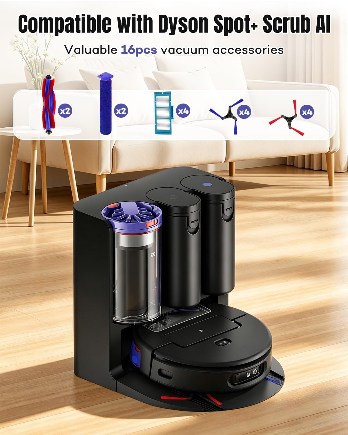 Chuancheng 16 accesorios para aspiradora Dyson Spot+ Scrub AI, robot aspirador húmedo y seco, pieza de repuesto con 2 cepillos de rodillo, 2 trapeadores de rodillo, 4 filtros HEPA, 8 cepillos