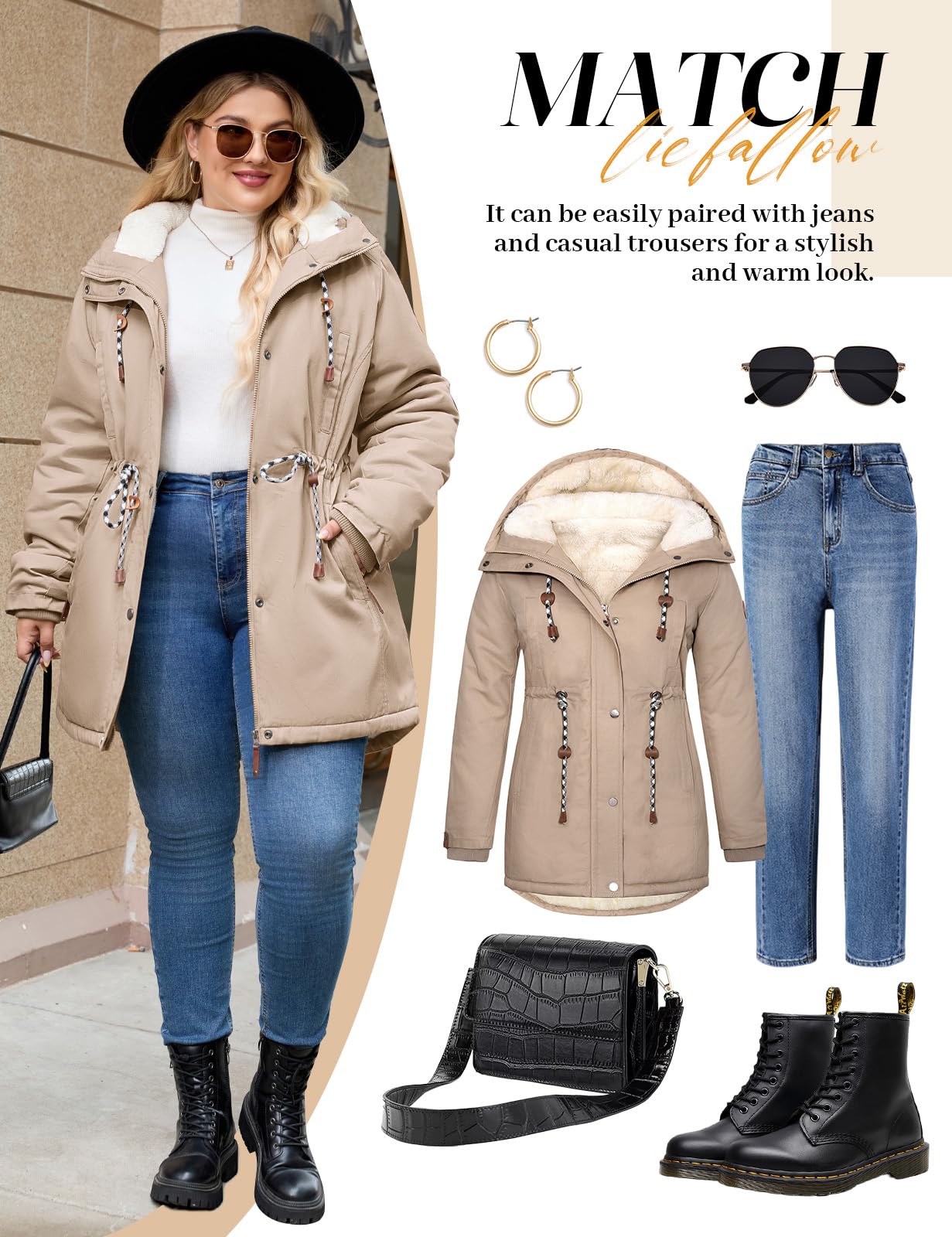 Tuopuda Giacca Parka Donna Invernale Medio Lungo Cappotto in Pile Taglie Forti con Cappuccio Caldo Casual Outdoor Antivento Cappotti