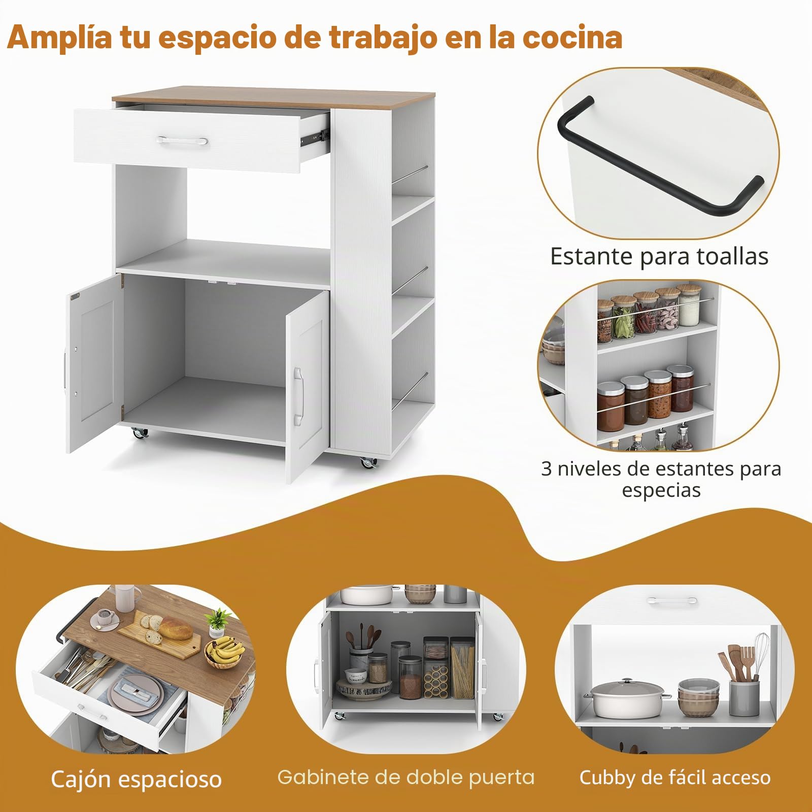 GIANTEX Carro de Cocina con Cajón, Isla de Cocina de Madera con Ruedas, con 1 Cajón, 2 Puertas y 3 Estantes Laterales, Mueble Auxiliar de Almacenamiento para Comedor, 75 x 46 x 90,5 cm (Blanco)