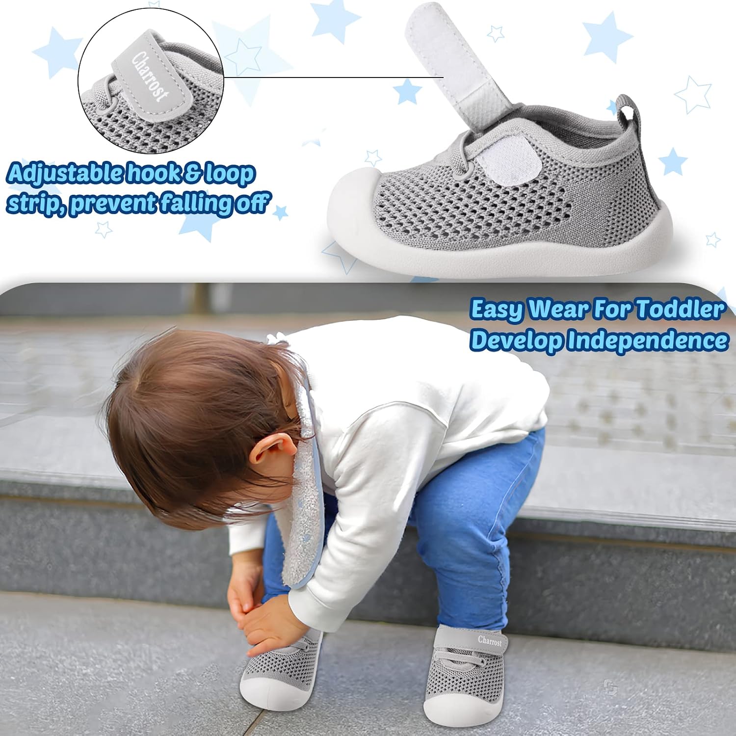 Toddler Boy Girls Shoes Size 8 Kids Non Slip Breathable Slip on Mesh Shoes Soft Sole Lightweight Casual Safer Strap Athletic Tennis Shoes Running Outdoor School for Little Kids(Grey 22-8)