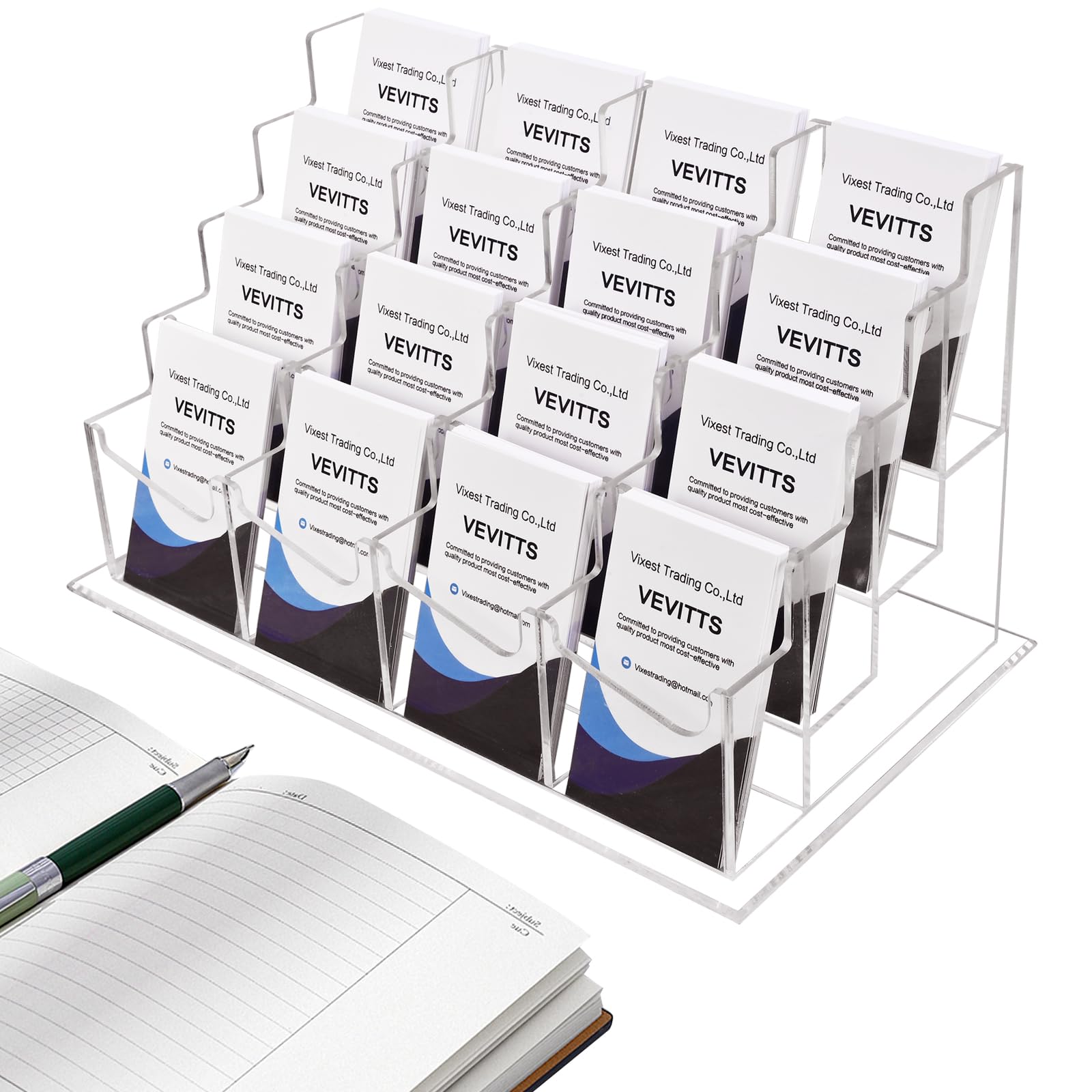 Clear Vertical Business Card Holder for Desk, Office Acrylic Business Card Display Holder Desktop Organizer Storage Cards Holders, Clear 4 Tiers 16