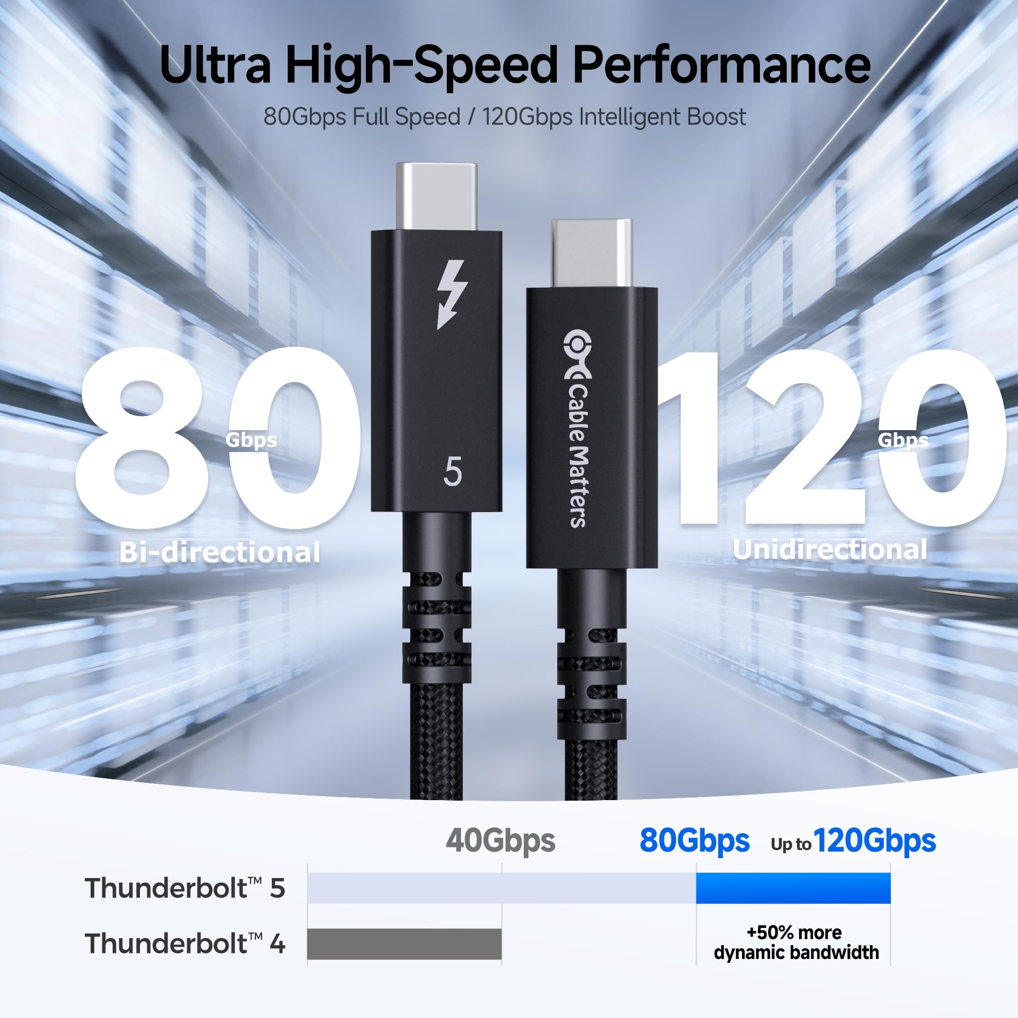 [Certyfikat Intel] Cable Matters Kabel Thunderbolt 5 80 Gbps, 2 m | Aktywny, podwójne 8K / 4K@540Hz, ładowanie 240 W, do 120 Gbps, czarny, zgodny z Thunderbolt 4/3 i USB4