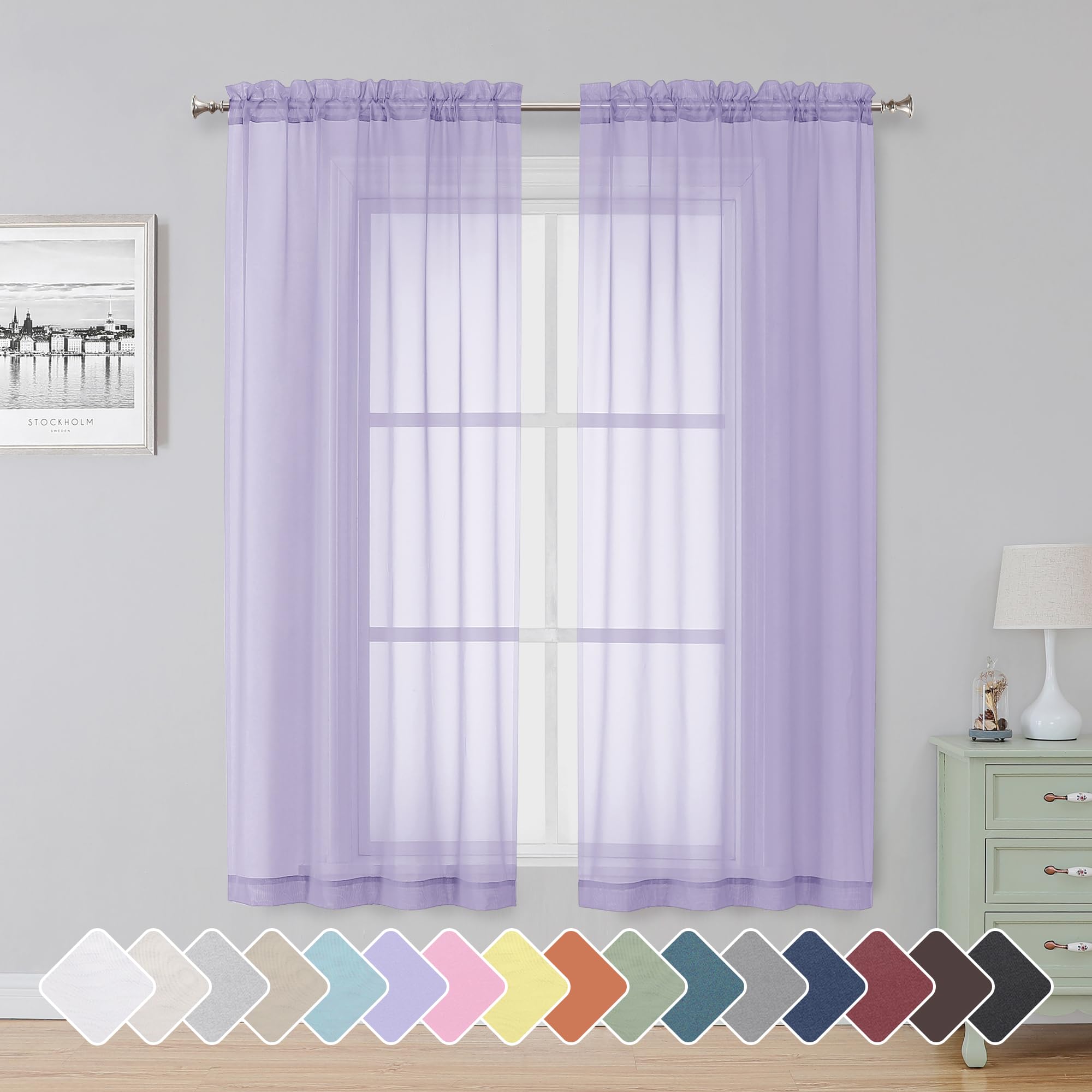 Simplebrand Lavender Sheer Curtains 63 Inch Length 2 Panels, Rod Pocket Solid Color Window Sheer Curtain Panels